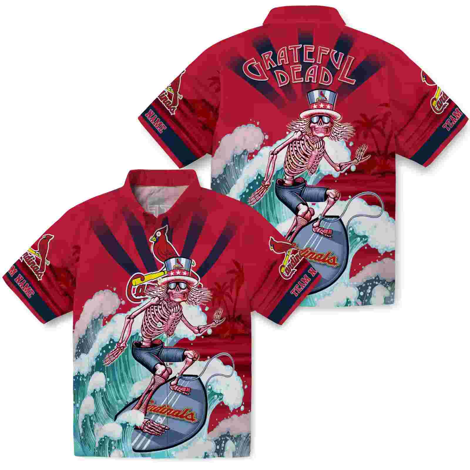 personalized st louis cardinals surfing skeleton red blue hawaiian shirt high quality