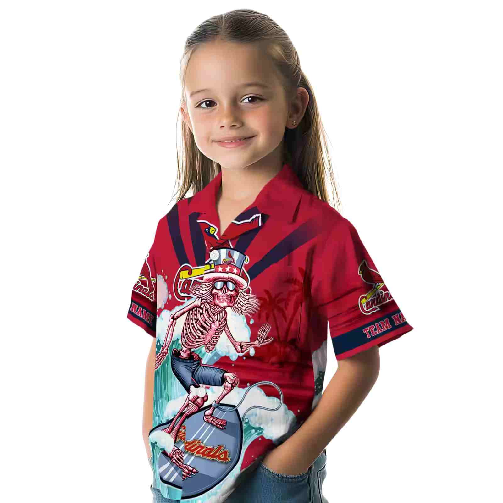 personalized st louis cardinals surfing skeleton red blue hawaiian shirt premium grade