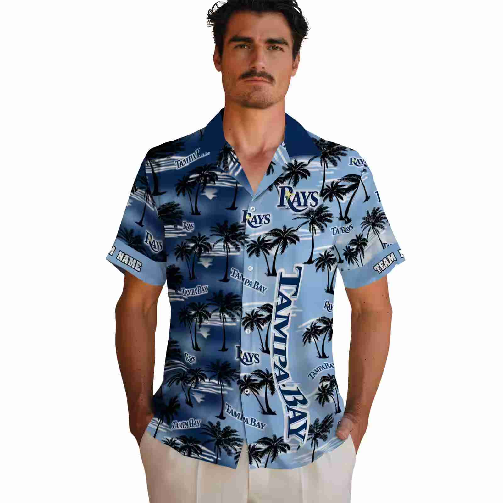 personalized tampa bay rays palm silhouettes navy hawaiian shirt fashion forward