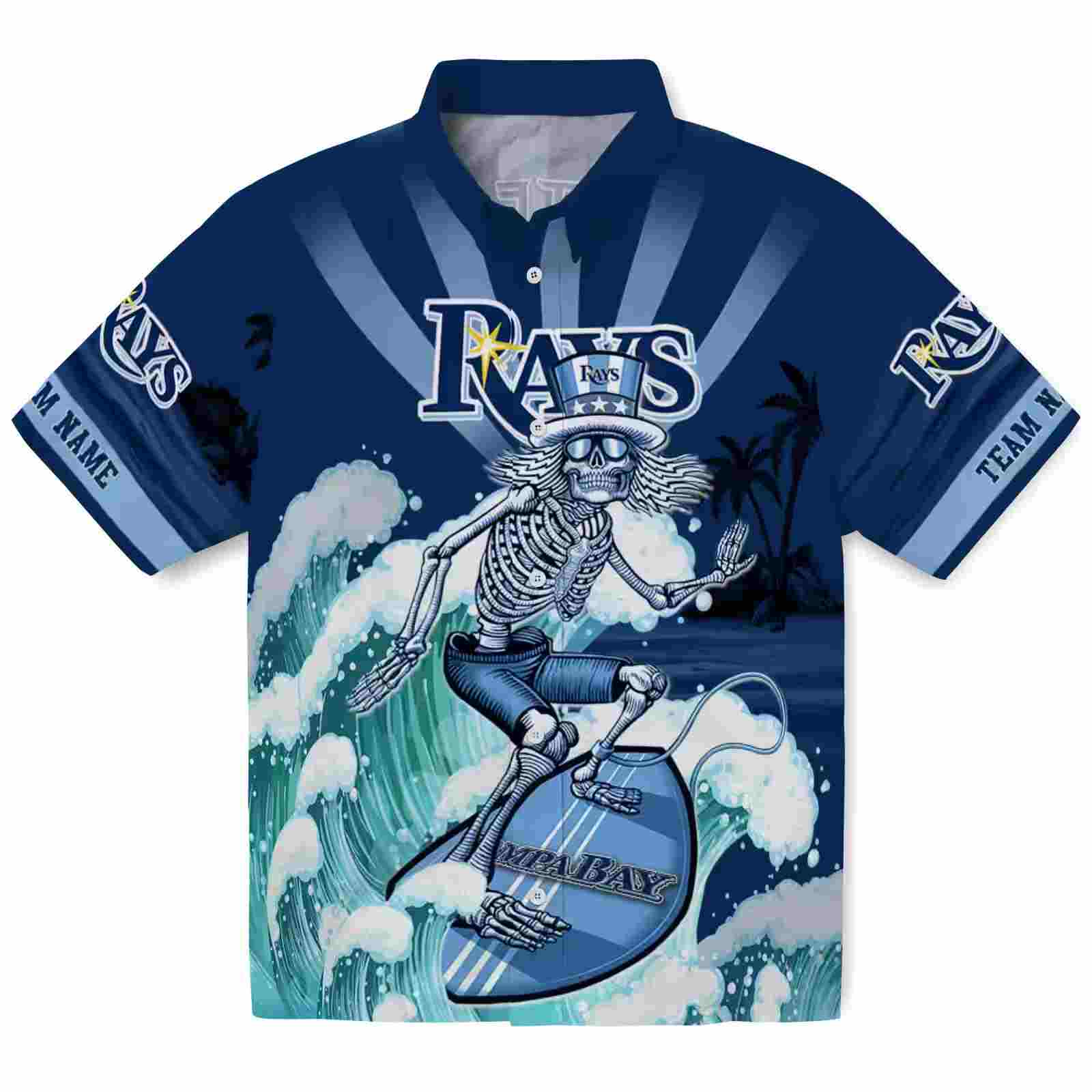 Personalized Tampa Bay Rays Surfing Skeleton Navy Blue Hawaiian Shirt