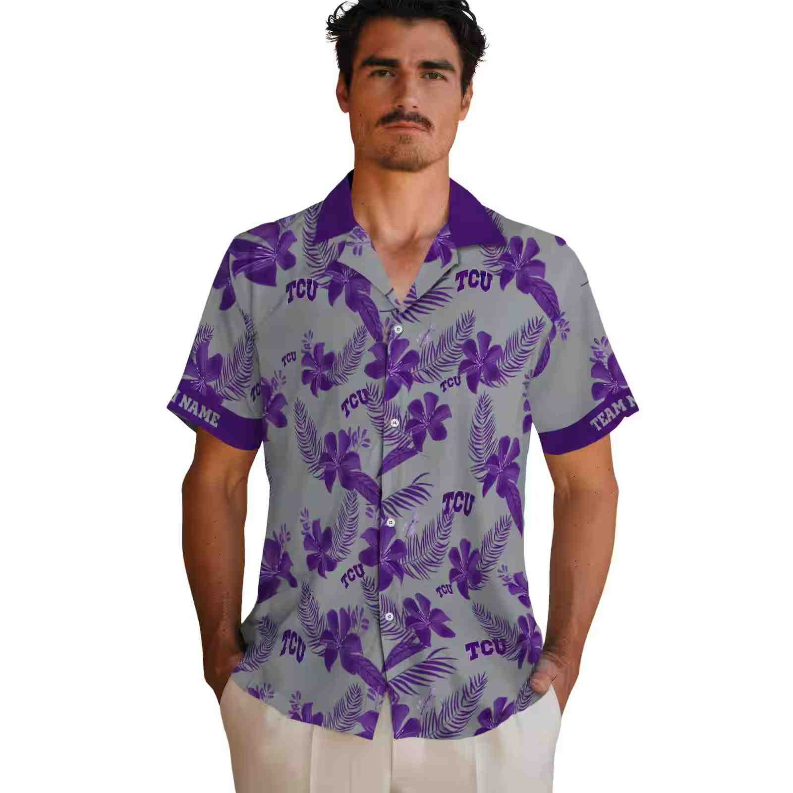 personalized tcu horned frogs botanical print grey hawaiian shirt fashion forward