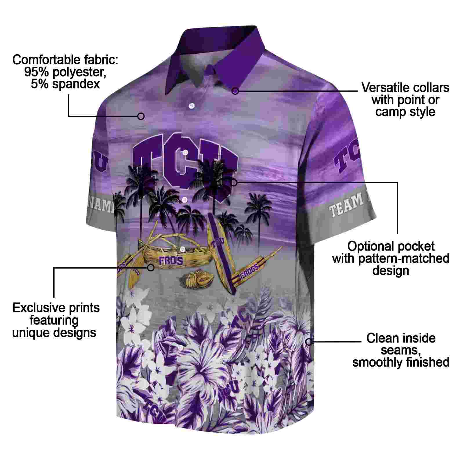 personalized tcu horned frogs tropical canoe purple hawaiian shirt new arrival