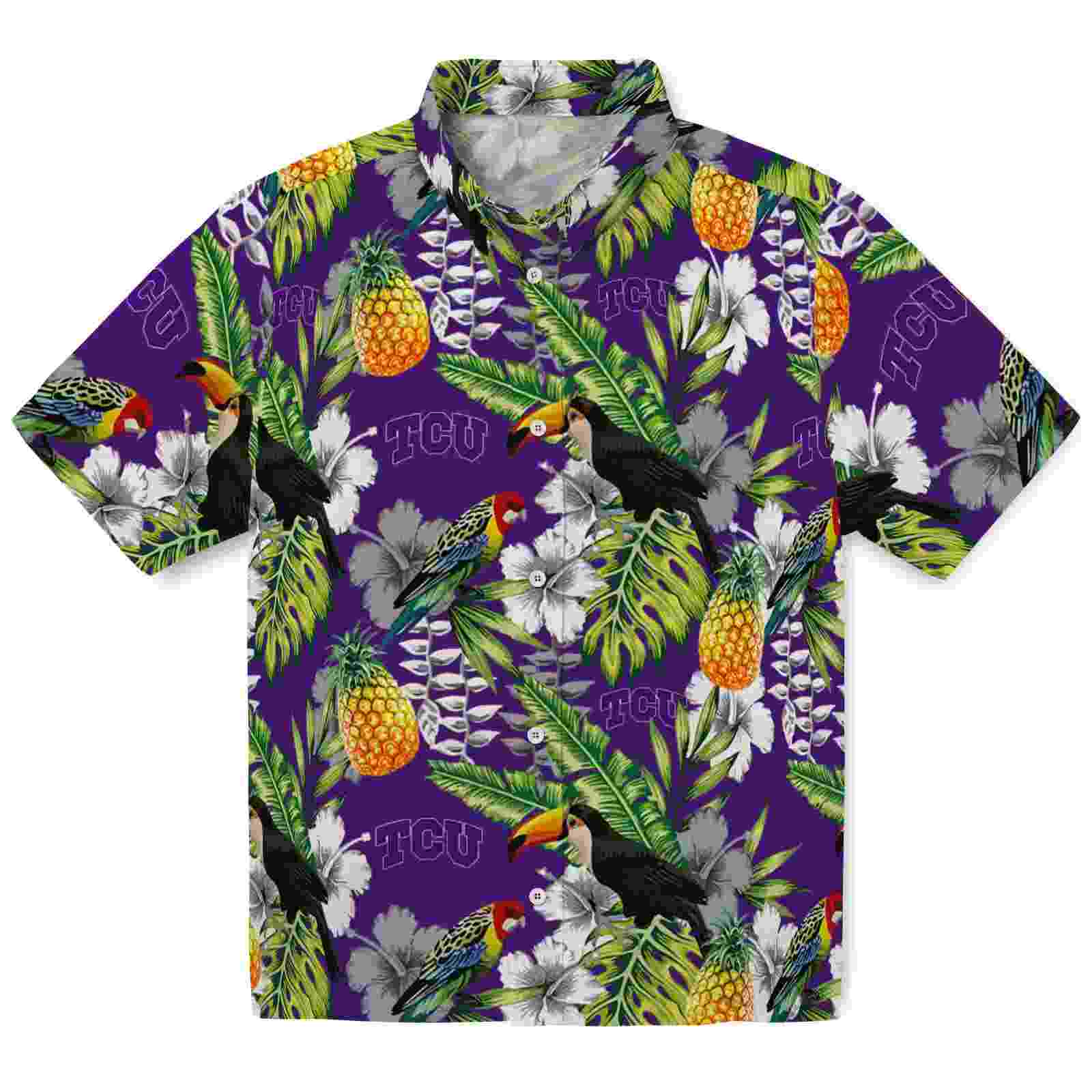 Personalized TCU Horned Frogs Tropical Toucan Purple Green Hawaiian Shirt