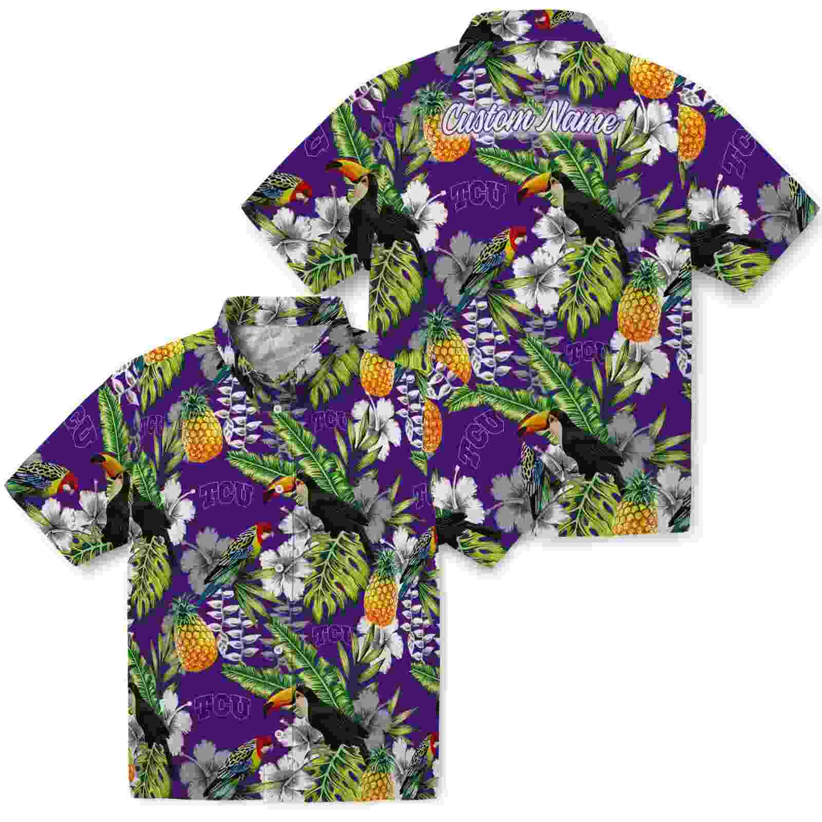 personalized tcu horned frogs tropical toucan purple green hawaiian shirt high quality