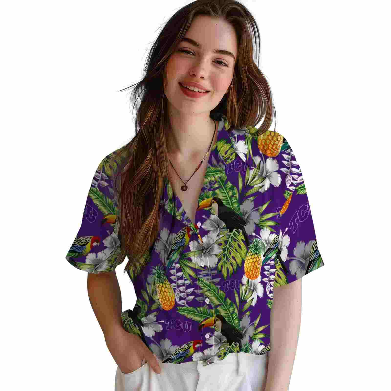 personalized tcu horned frogs tropical toucan purple green hawaiian shirt latest model