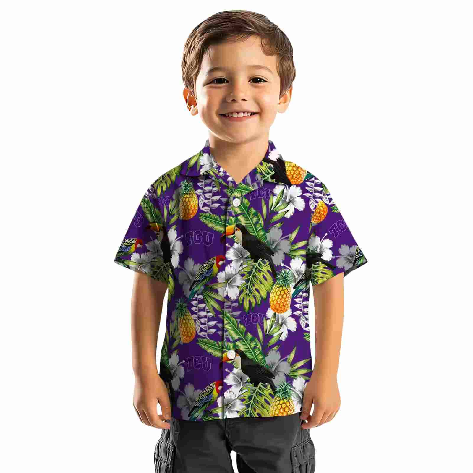 personalized tcu horned frogs tropical toucan purple green hawaiian shirt top rated