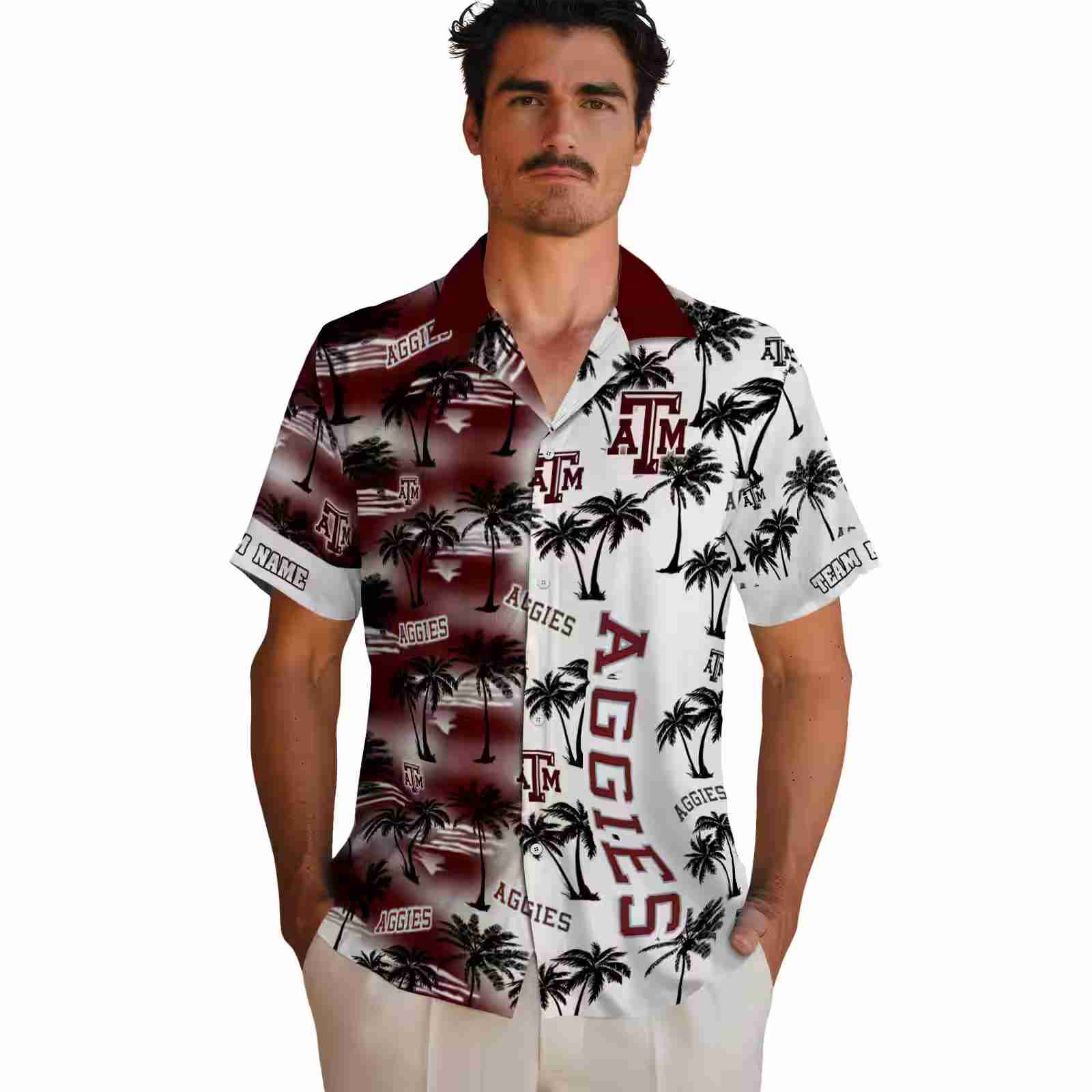 personalized texas am aggies palm silhouettes maroon hawaiian shirt fashion forward