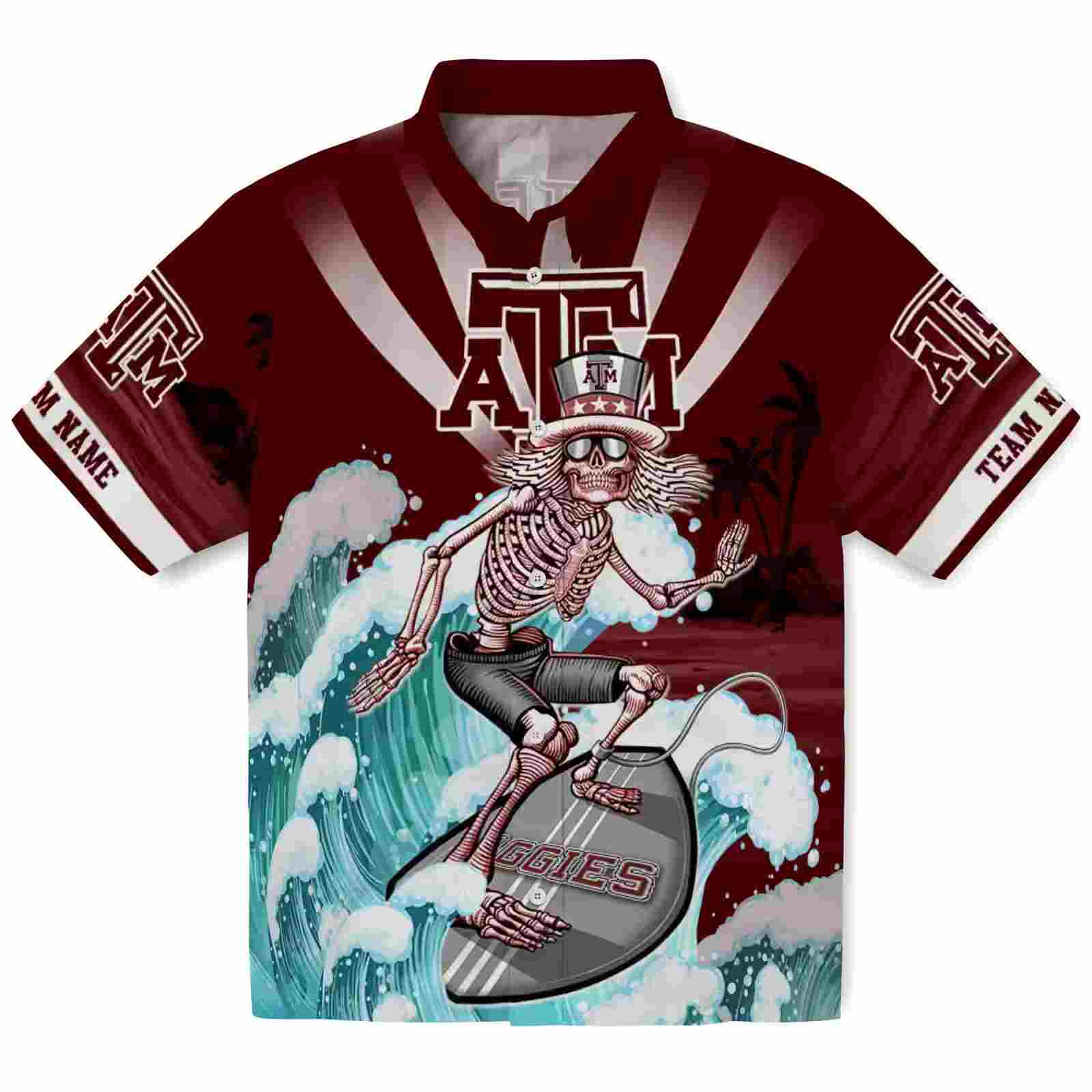 Personalized Texas A&M Aggies Surfing Skeleton Maroon Blue Hawaiian Shirt