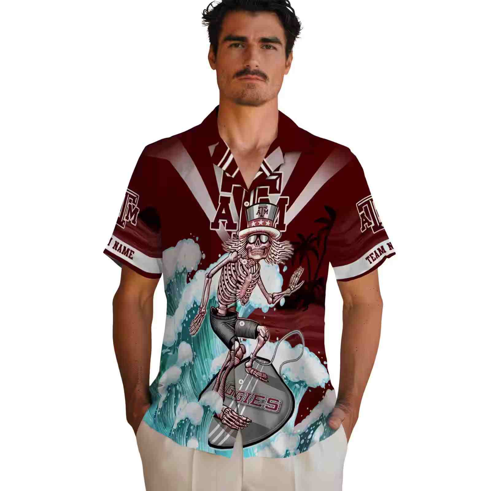 personalized texas am aggies surfing skeleton maroon blue hawaiian shirt fashion forward