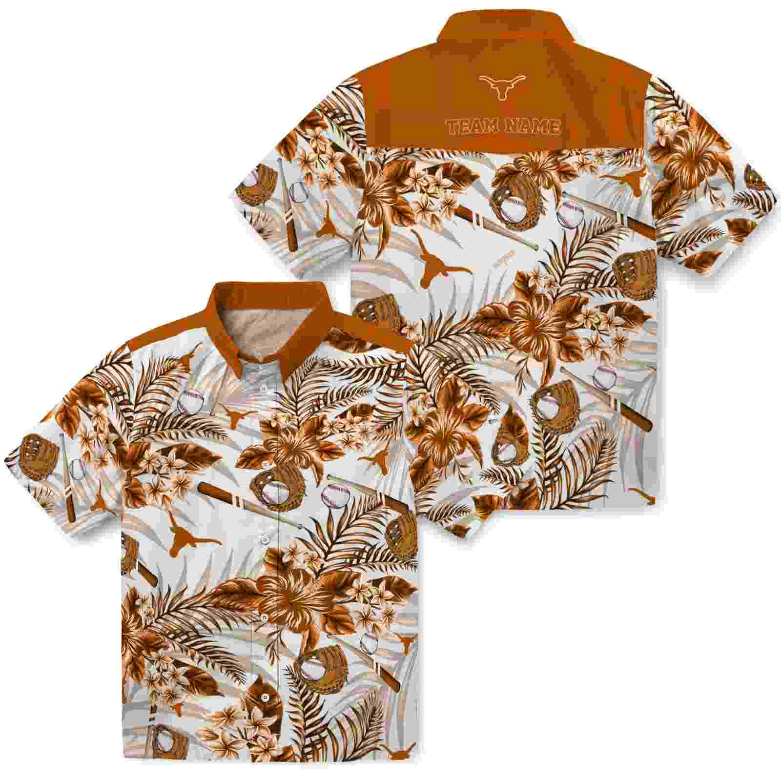 personalized texas longhorns floral baseball orange white hawaiian shirt high quality