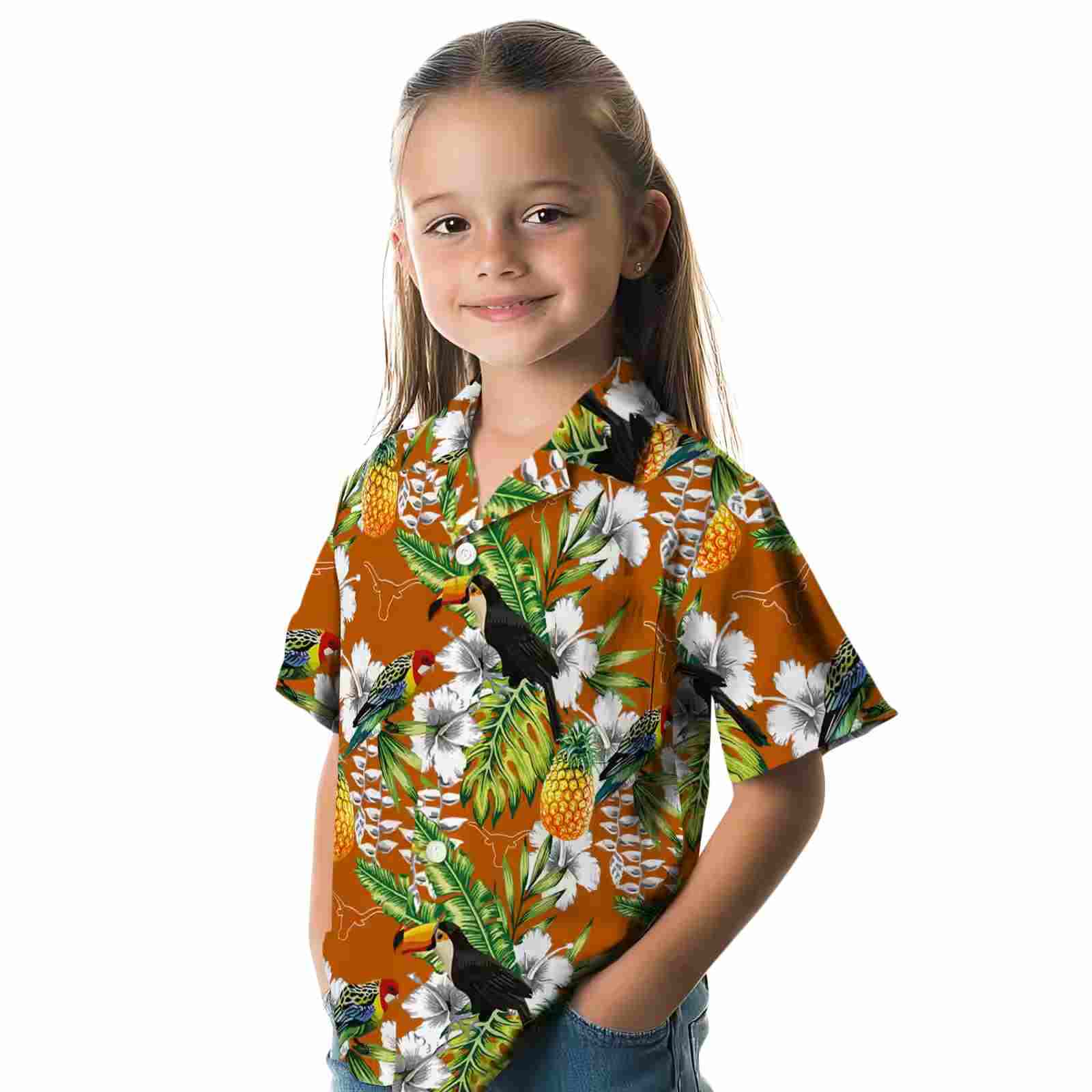 personalized texas longhorns tropical toucan orange green hawaiian shirt premium grade