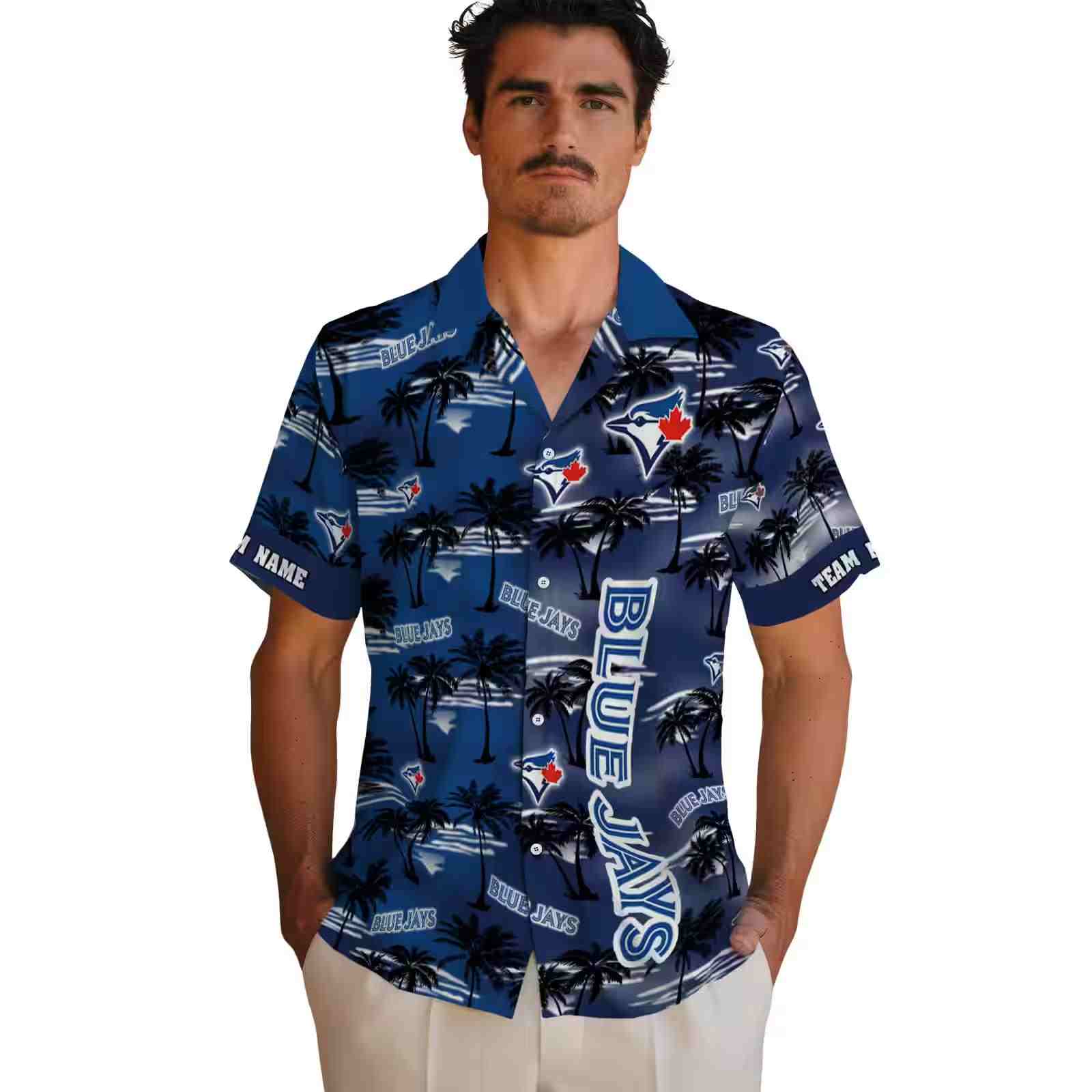 personalized toronto blue jays palm silhouettes blue hawaiian shirt fashion forward