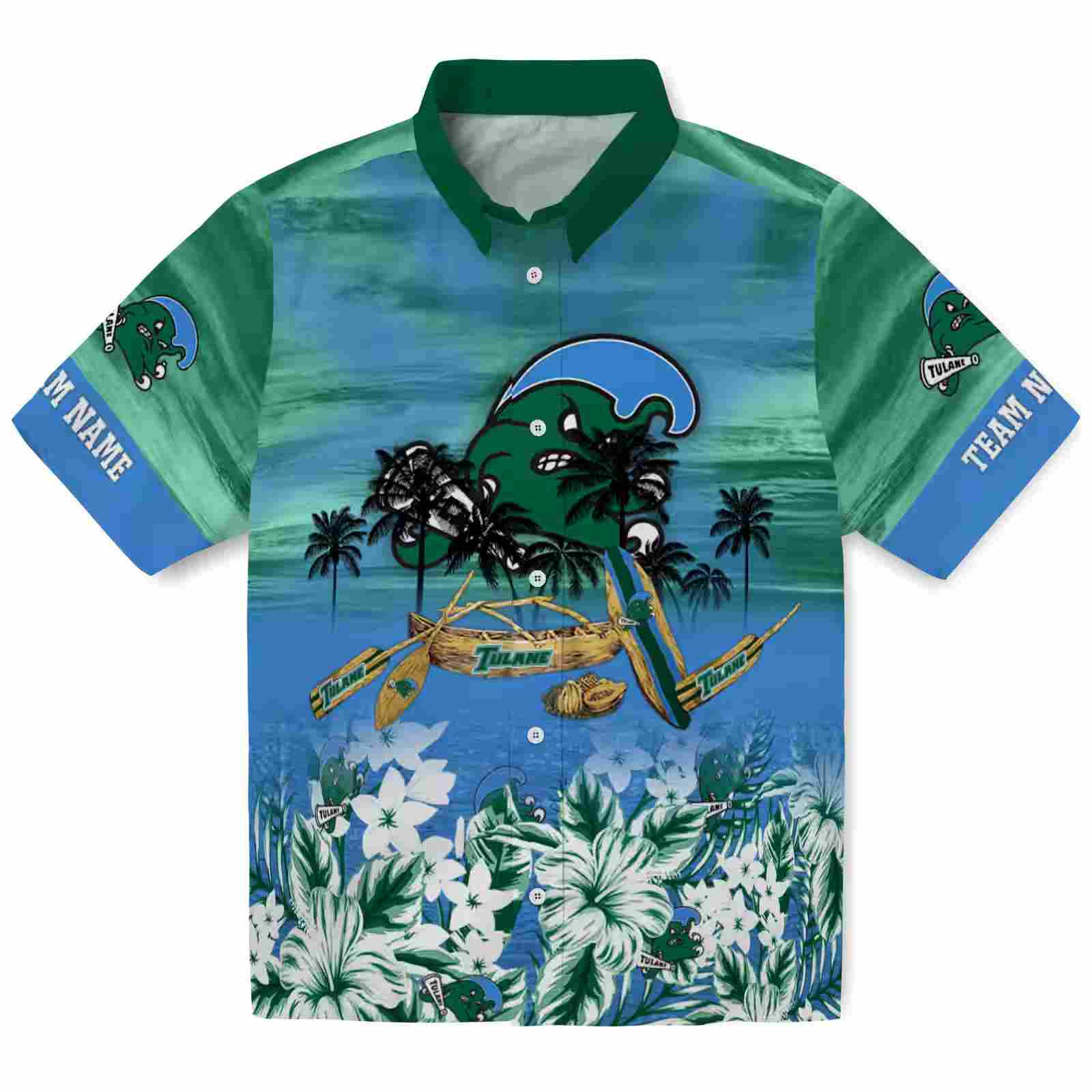 Personalized Tulane Green Wave Tropical Canoe Green Hawaiian Shirt