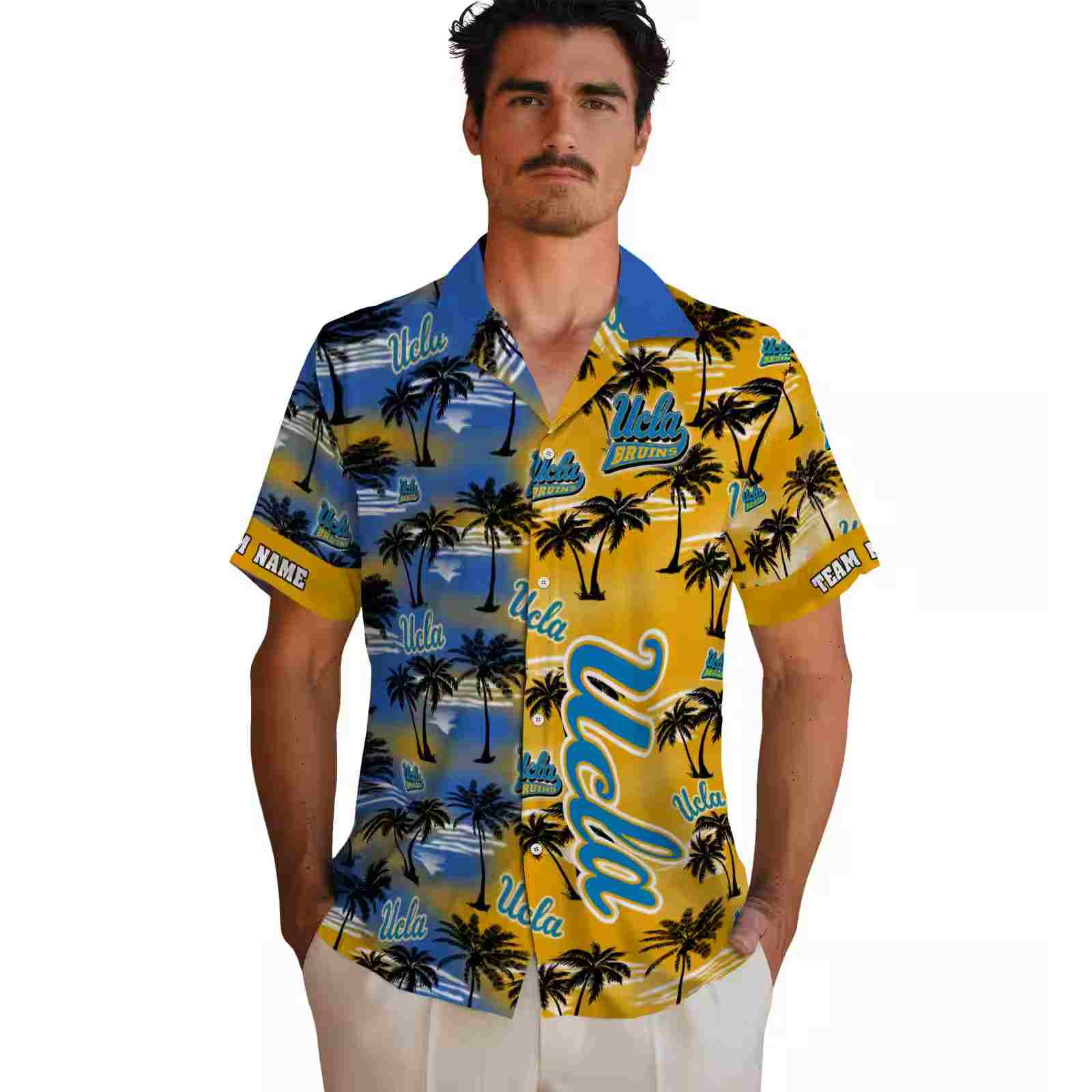 personalized ucla bruins palm silhouettes blue hawaiian shirt fashion forward