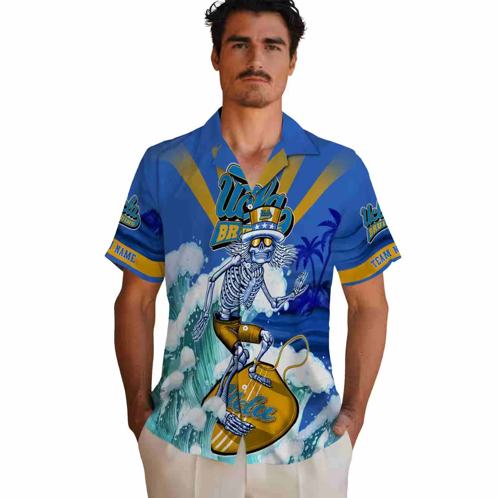 personalized ucla bruins surfing skeleton blue hawaiian shirt fashion forward