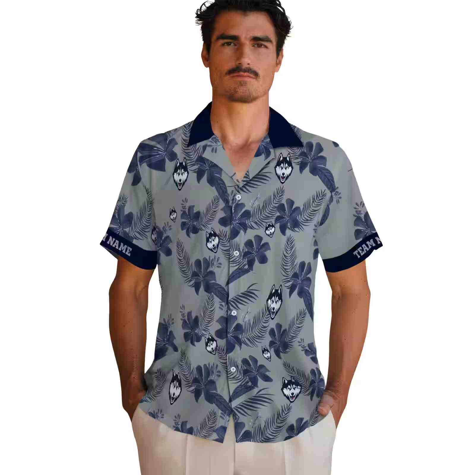 personalized uconn huskies botanical print grey hawaiian shirt fashion forward