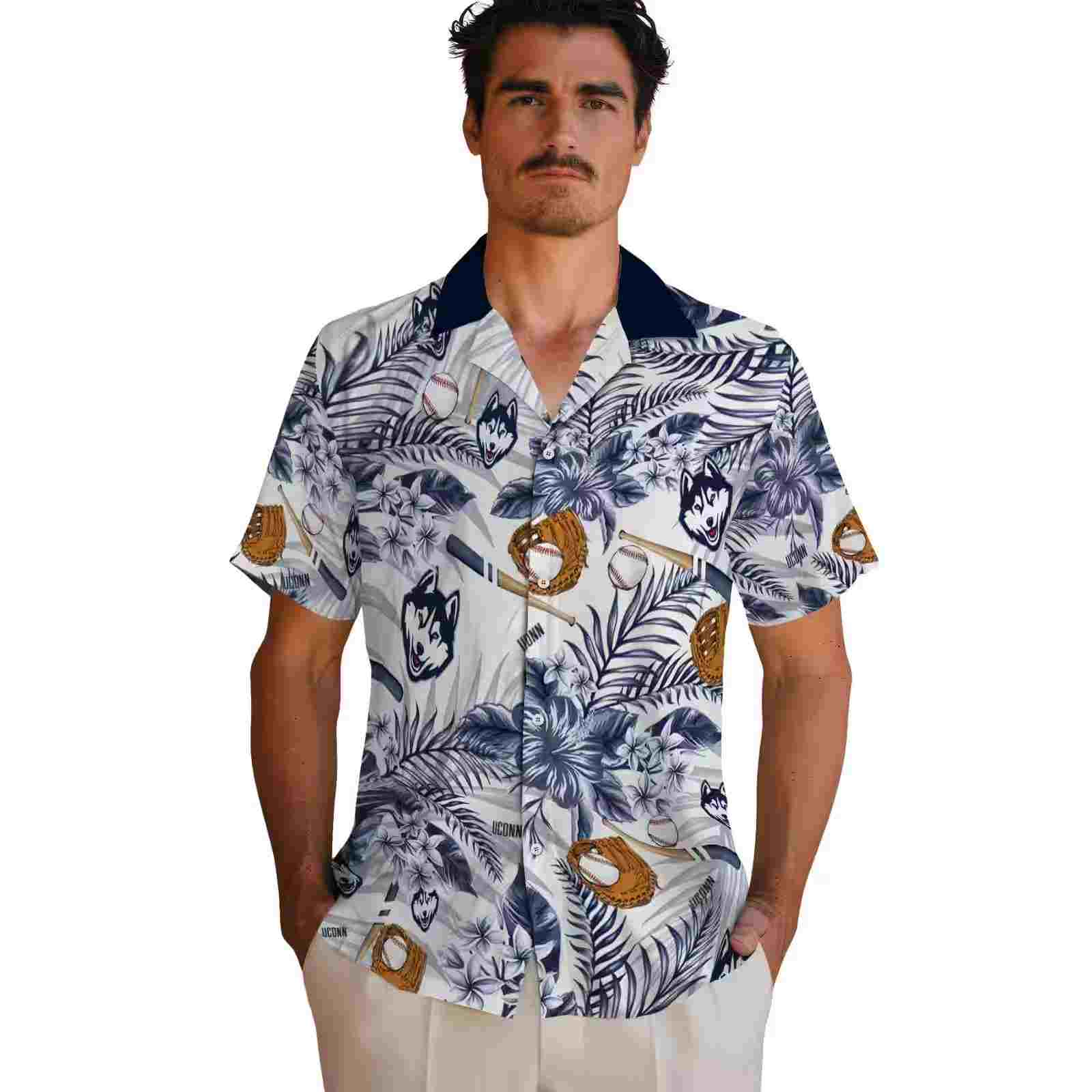 personalized uconn huskies floral baseball blue white hawaiian shirt fashion forward