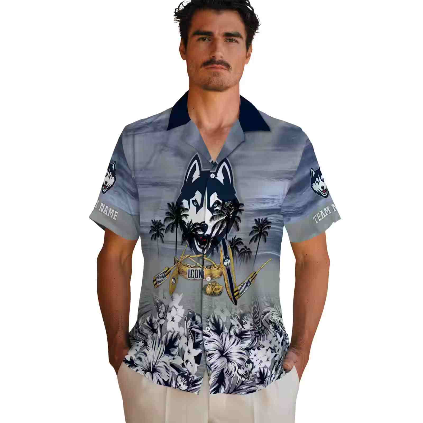 personalized uconn huskies tropical canoe blue hawaiian shirt fashion forward