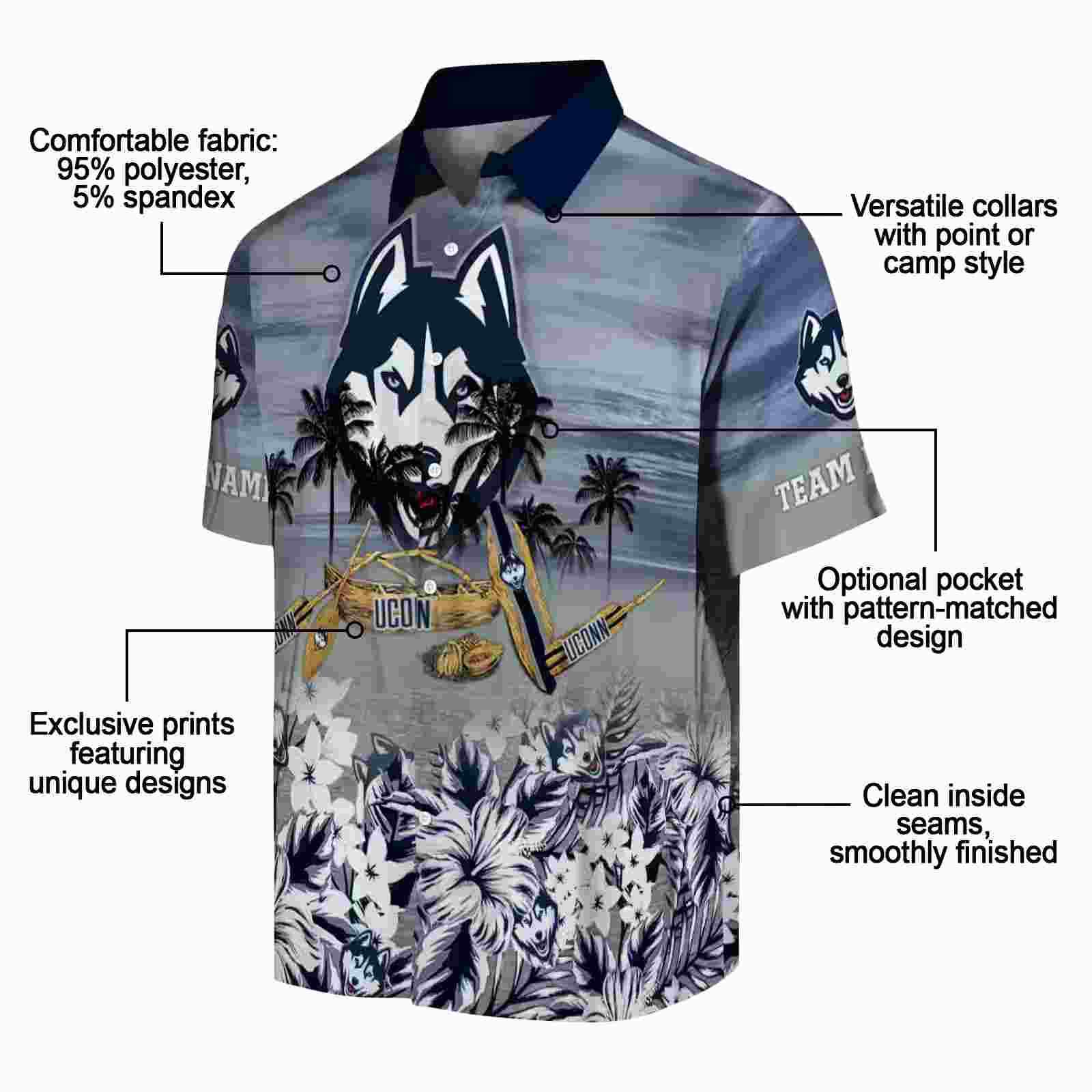 personalized uconn huskies tropical canoe blue hawaiian shirt new arrival