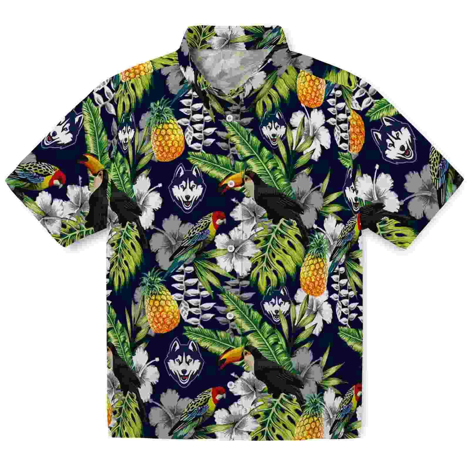 Personalized UConn Huskies Tropical Toucan Blue Green Hawaiian Shirt