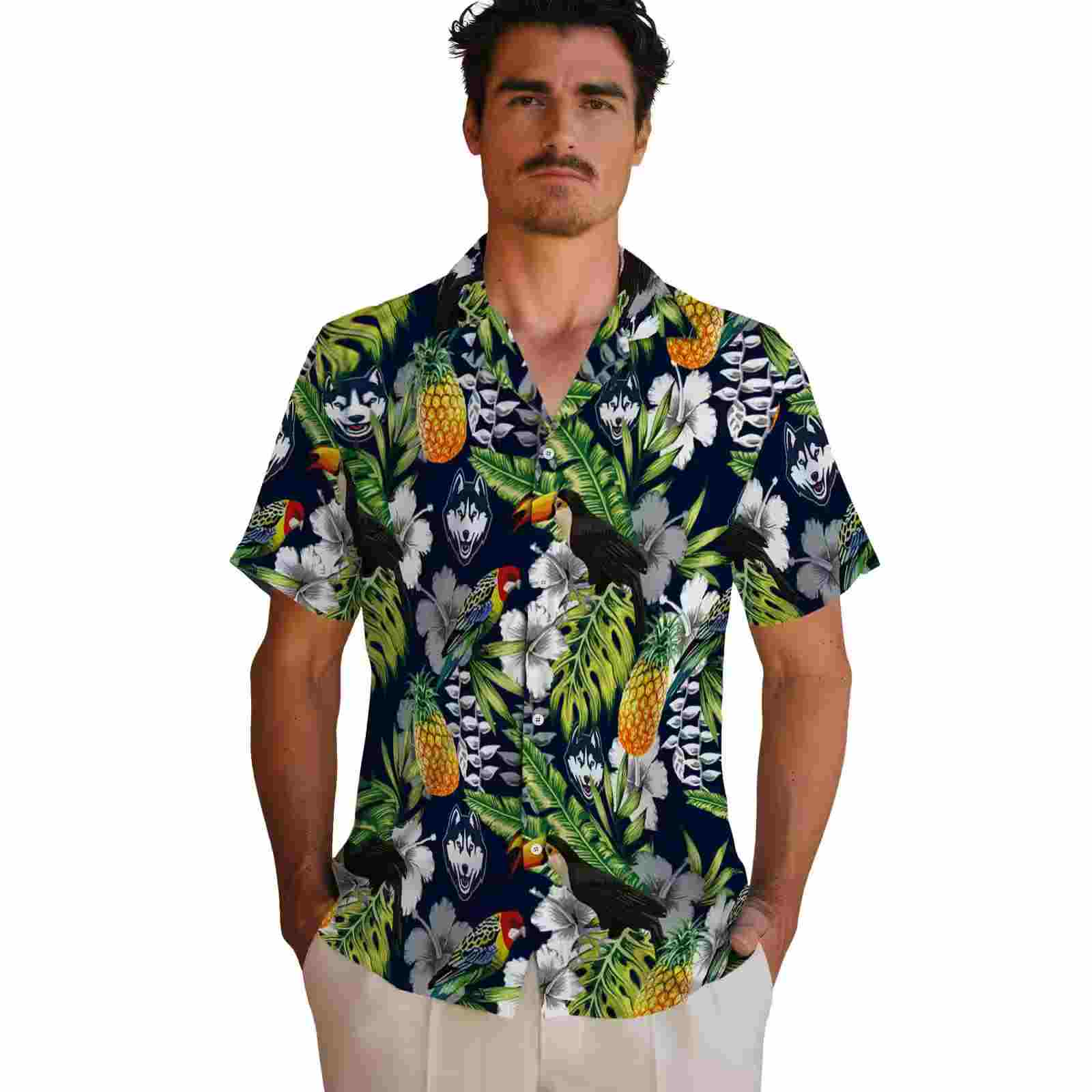 personalized uconn huskies tropical toucan blue green hawaiian shirt fashion forward