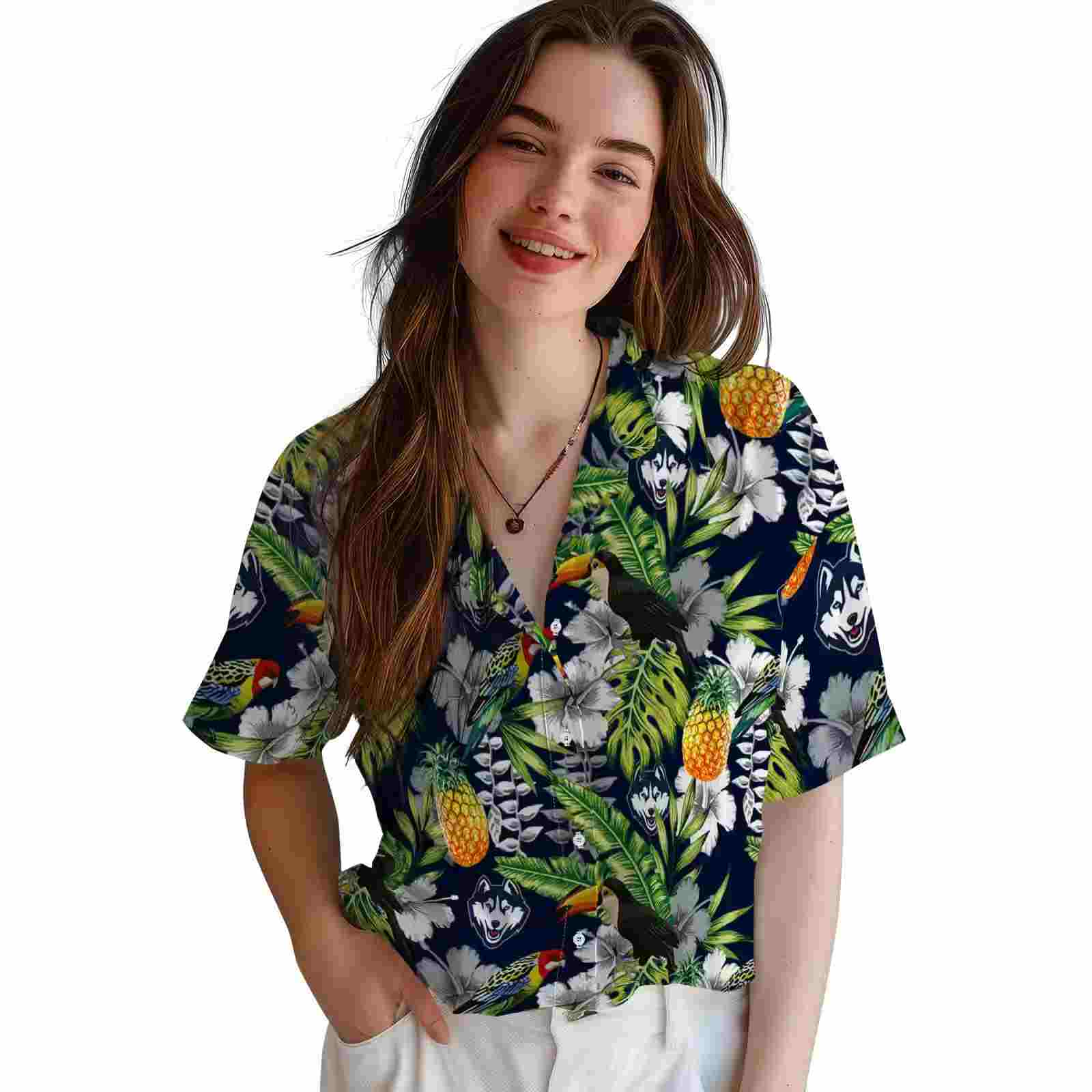 personalized uconn huskies tropical toucan blue green hawaiian shirt latest model