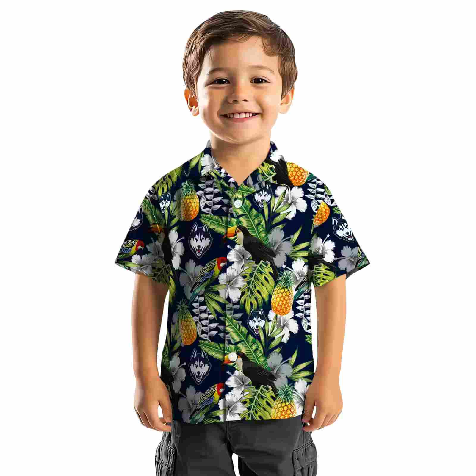 personalized uconn huskies tropical toucan blue green hawaiian shirt top rated