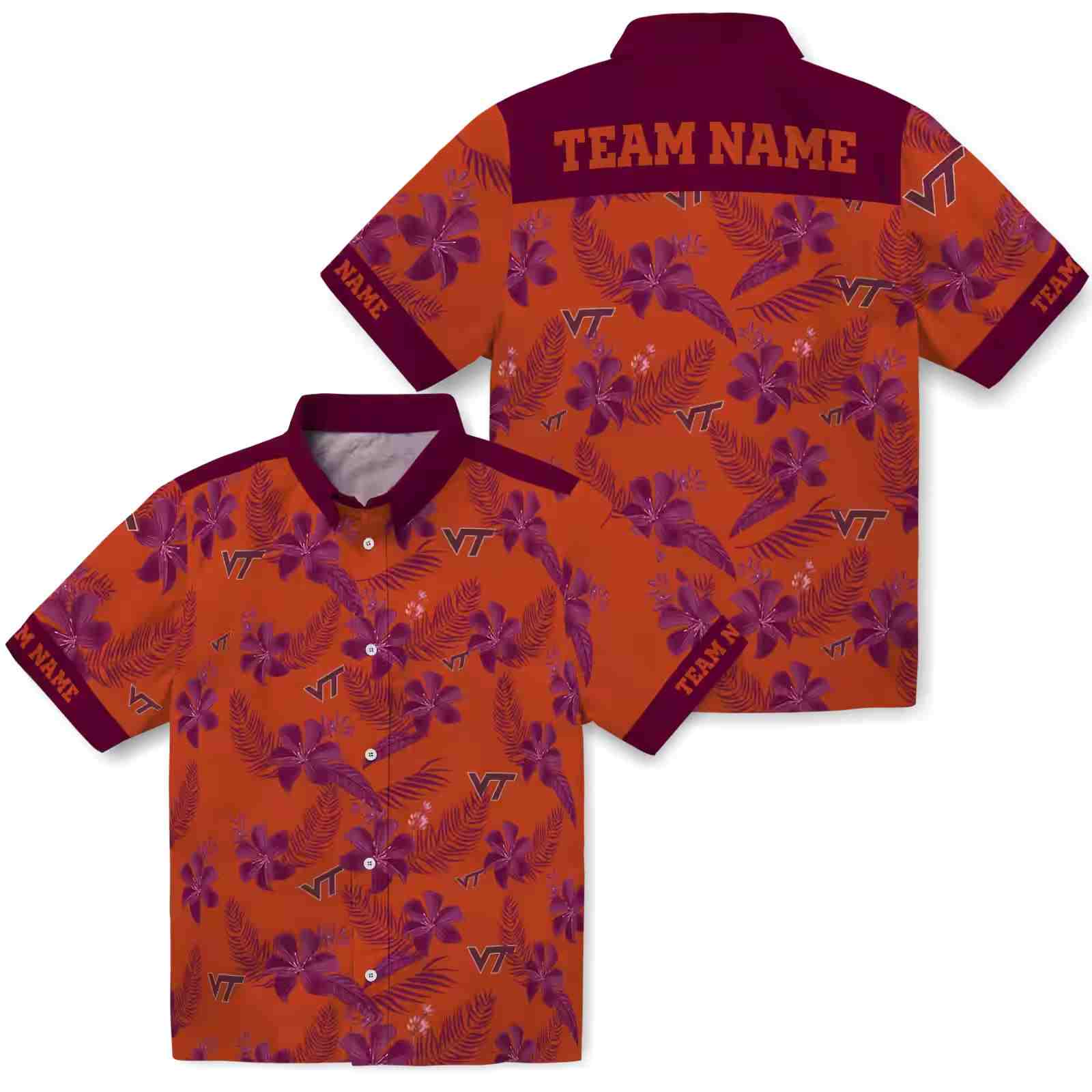 personalized virginia tech hokies botanical print orange hawaiian shirt high quality