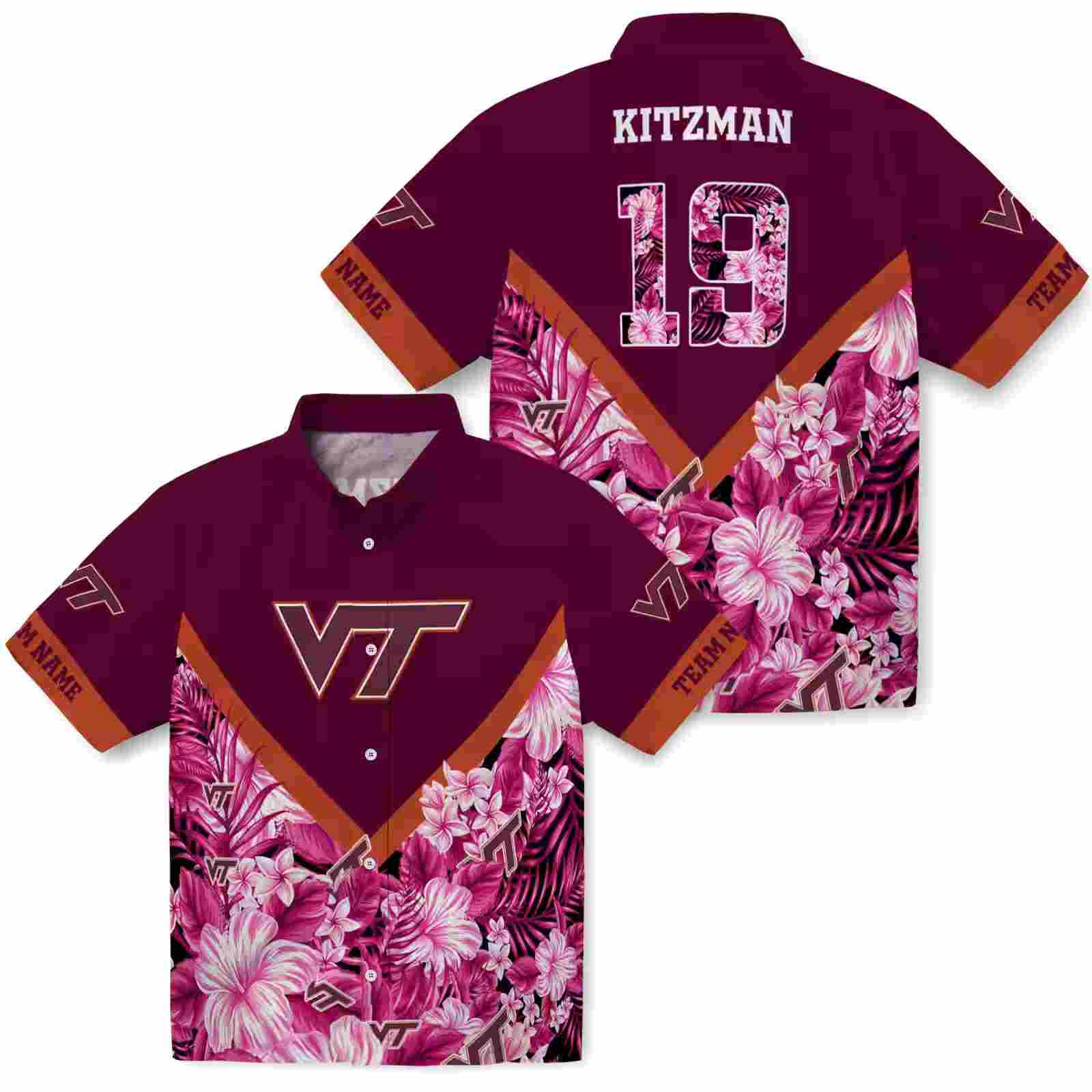 personalized virginia tech hokies floral chevron maroon hawaiian shirt high quality