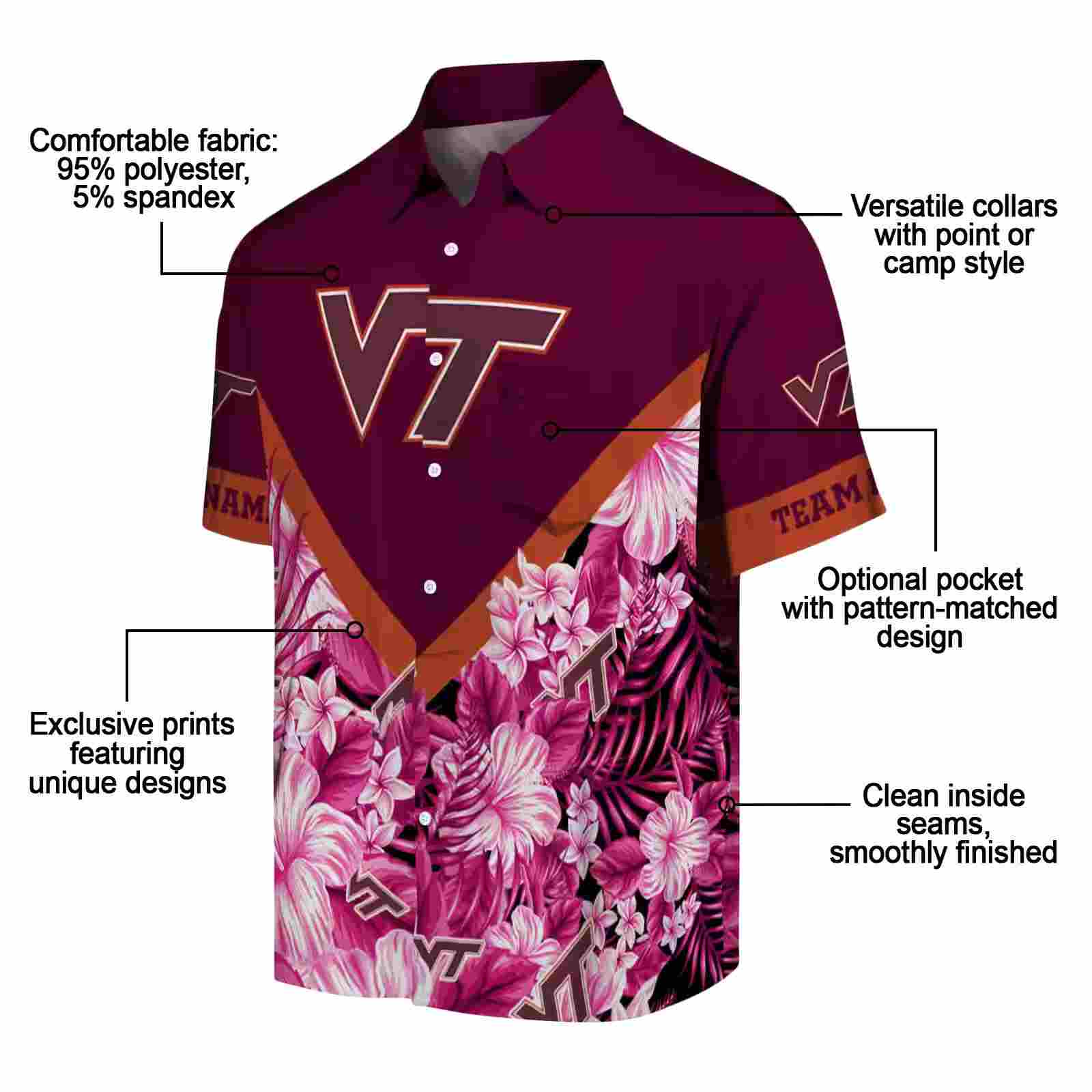 personalized virginia tech hokies floral chevron maroon hawaiian shirt new arrival