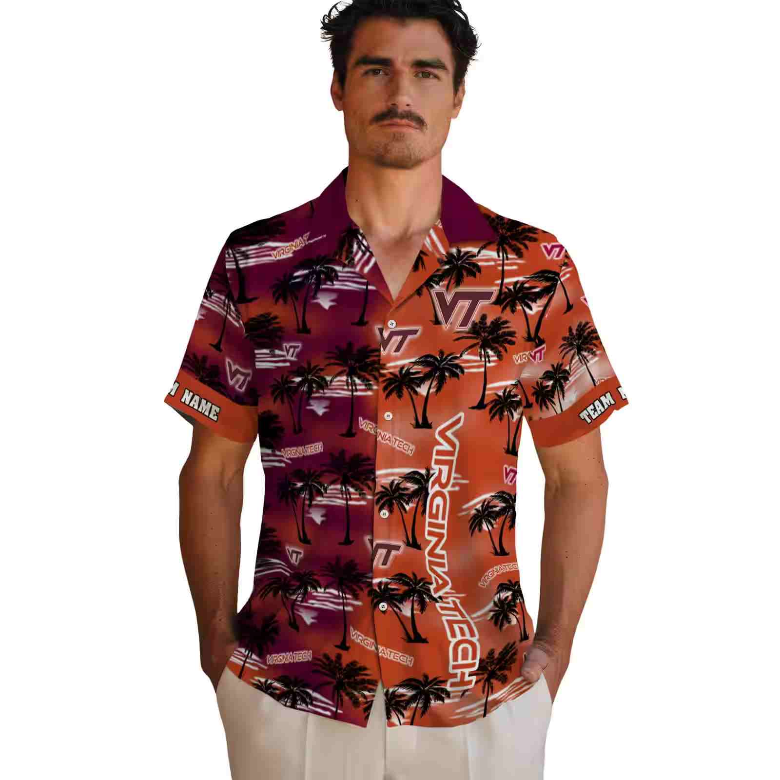 personalized virginia tech hokies palm silhouettes maroon hawaiian shirt fashion forward