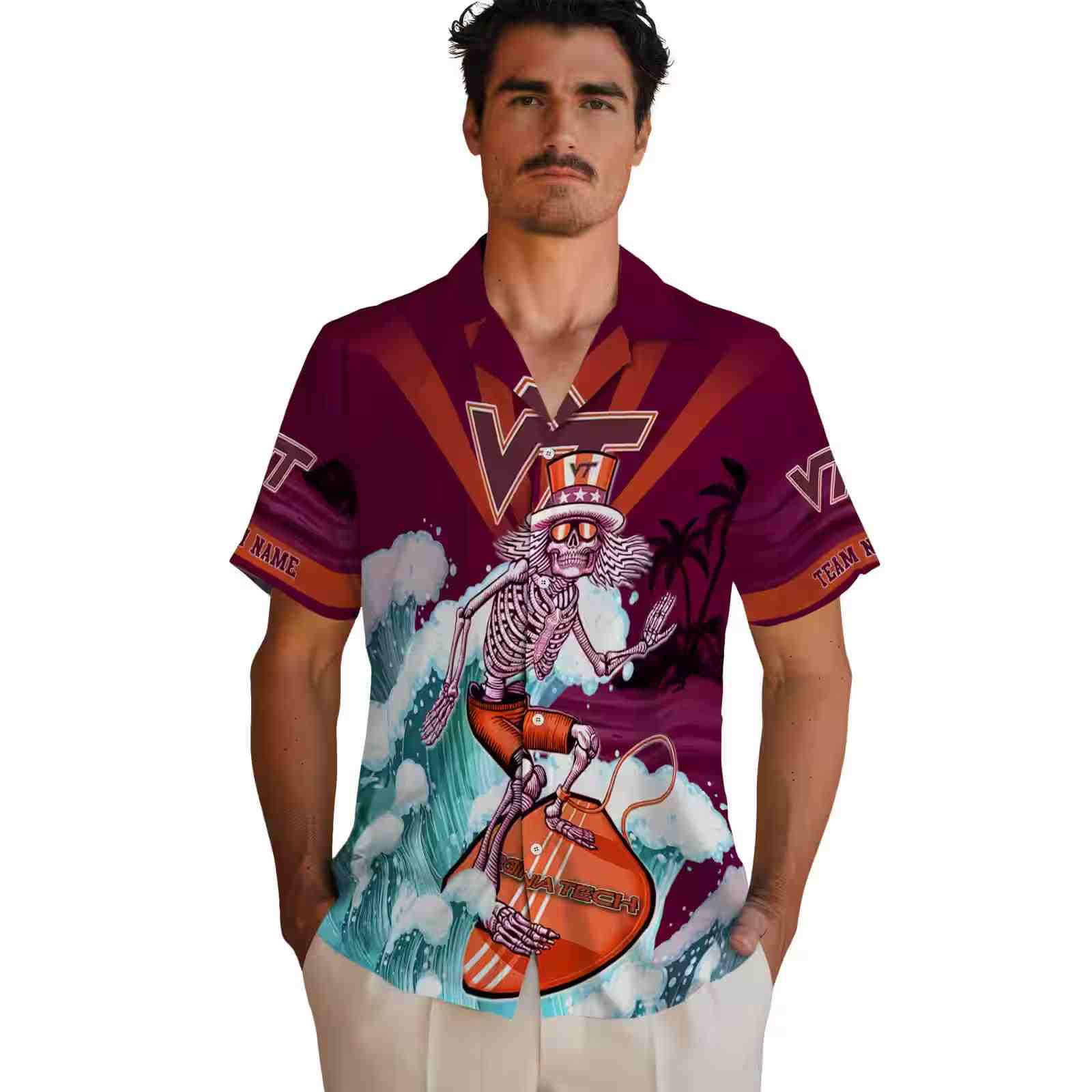 personalized virginia tech hokies surfing skeleton maroon blue hawaiian shirt fashion forward