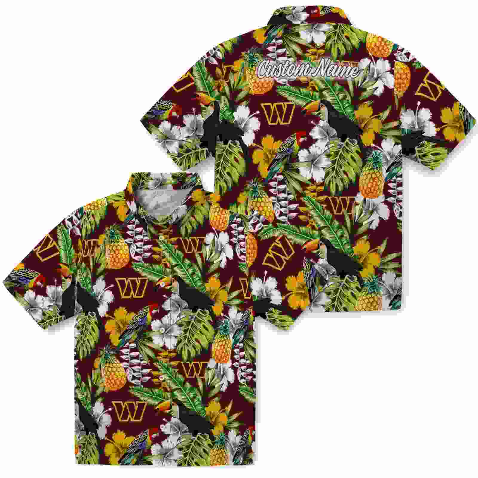 personalized washington commanders tropical toucan burgundy green hawaiian shirt high quality