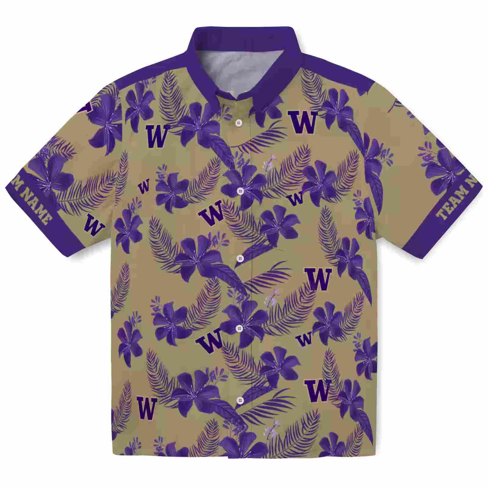 Personalized Washington Huskies Botanical Print Gold Hawaiian Shirt