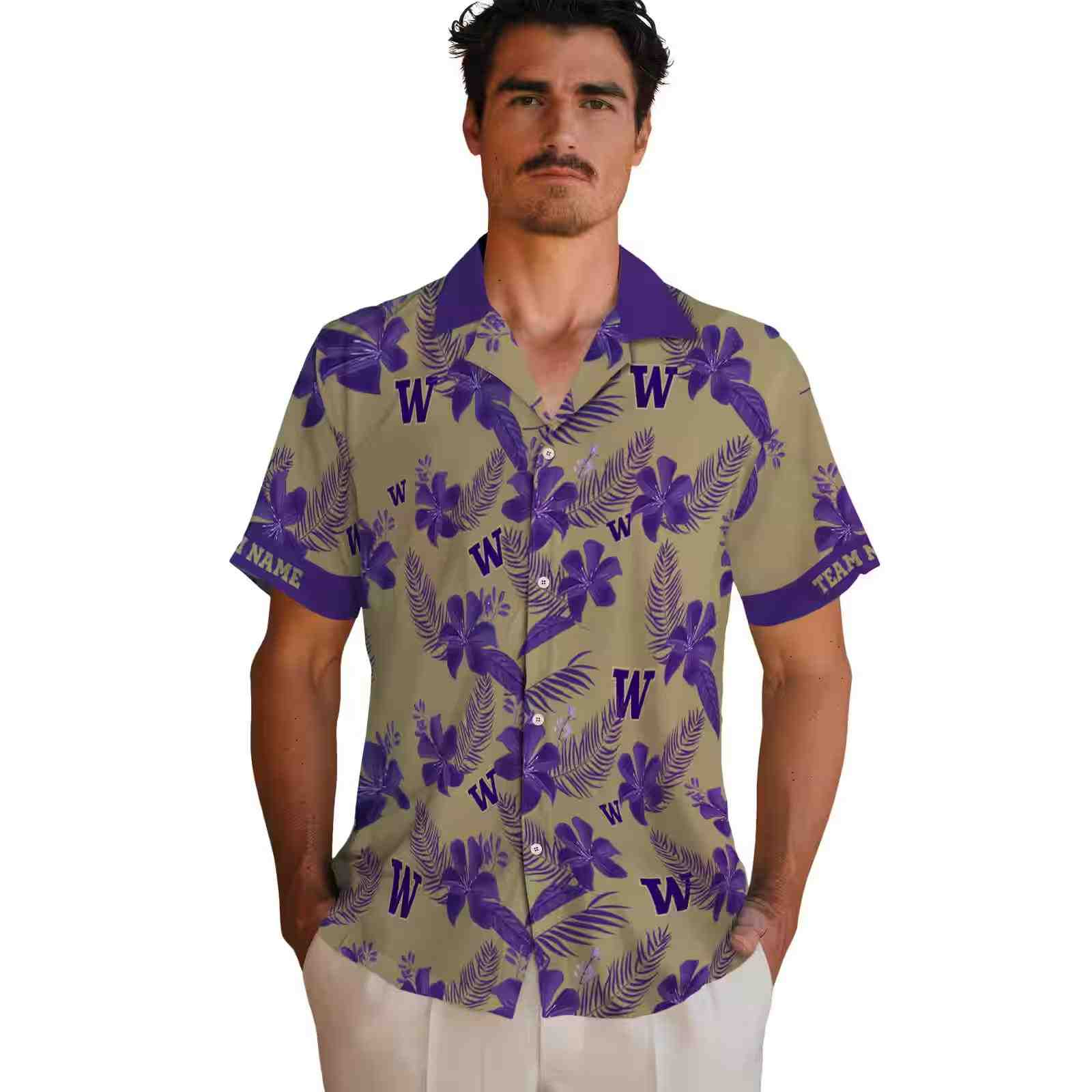 personalized washington huskies botanical print gold hawaiian shirt fashion forward