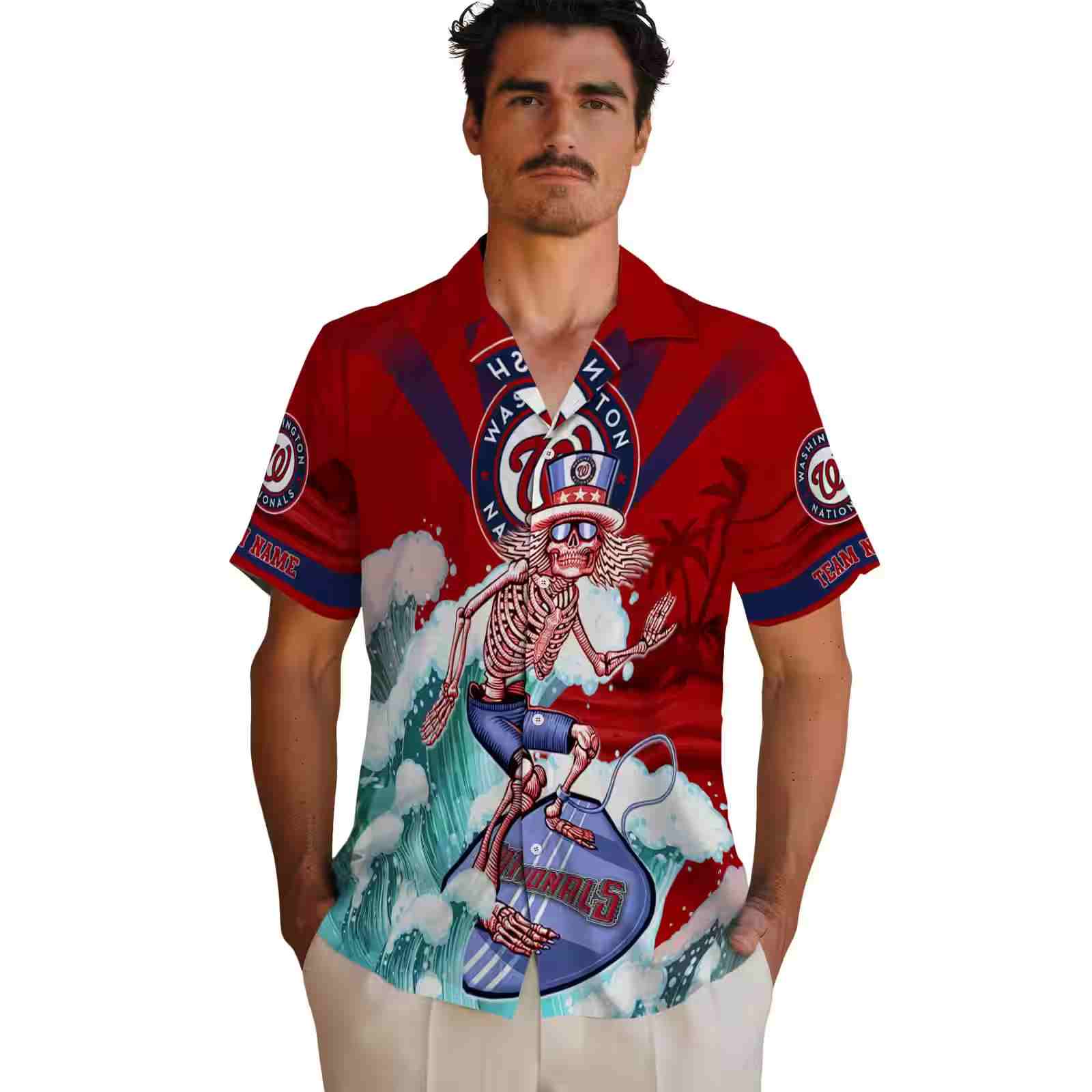 personalized washington nationals surfing skeleton red blue hawaiian shirt fashion forward