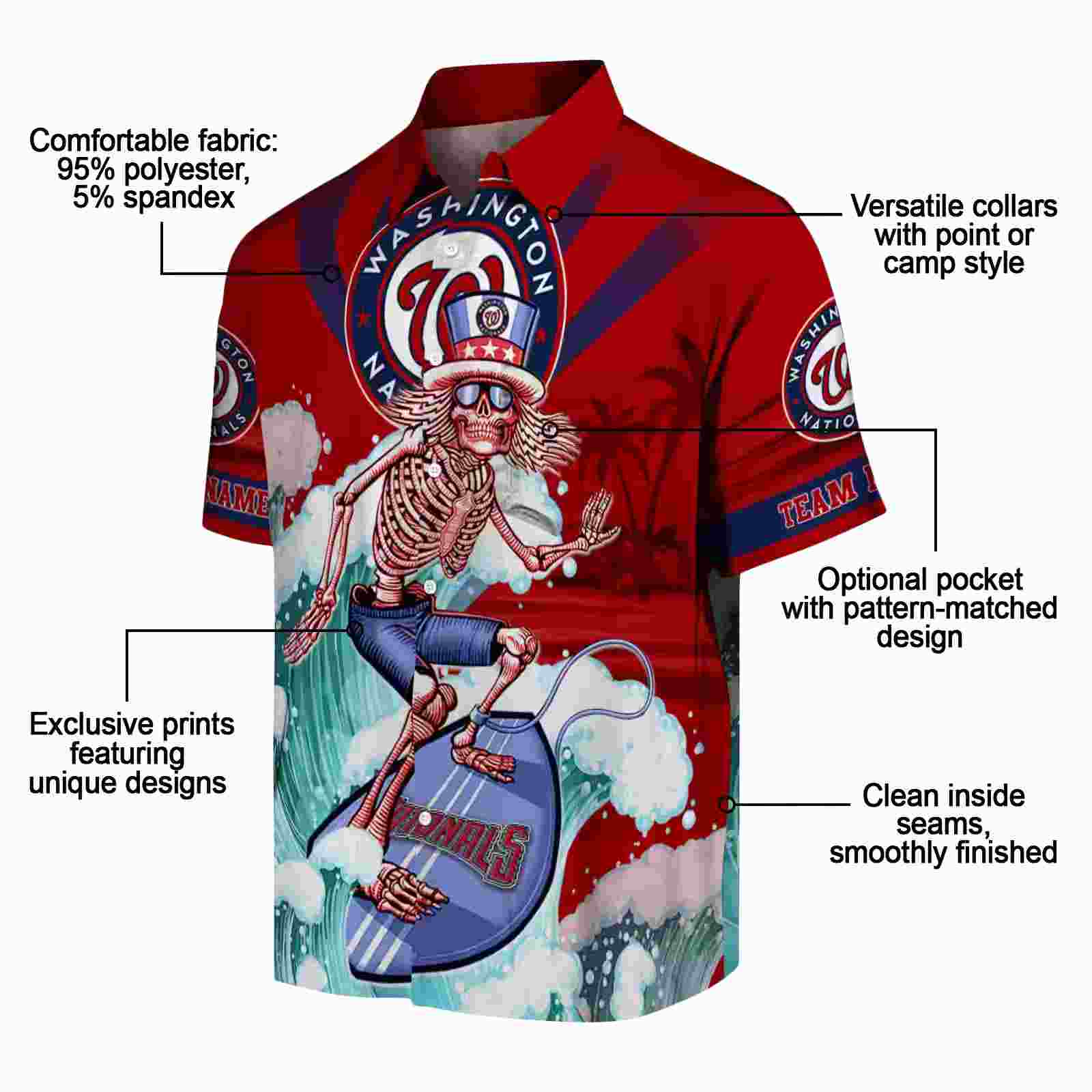 personalized washington nationals surfing skeleton red blue hawaiian shirt new arrival