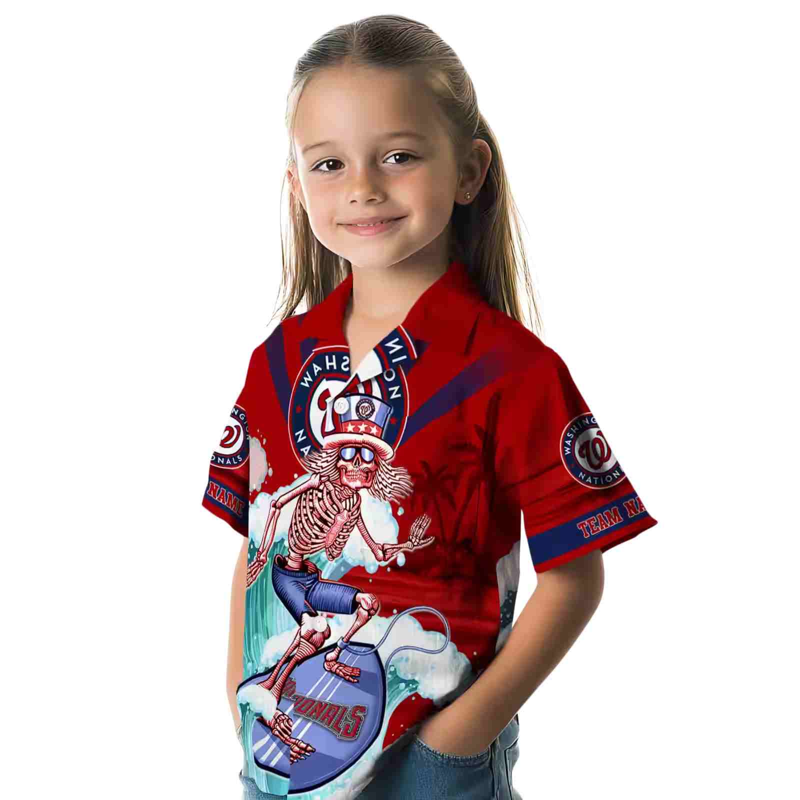 personalized washington nationals surfing skeleton red blue hawaiian shirt premium grade