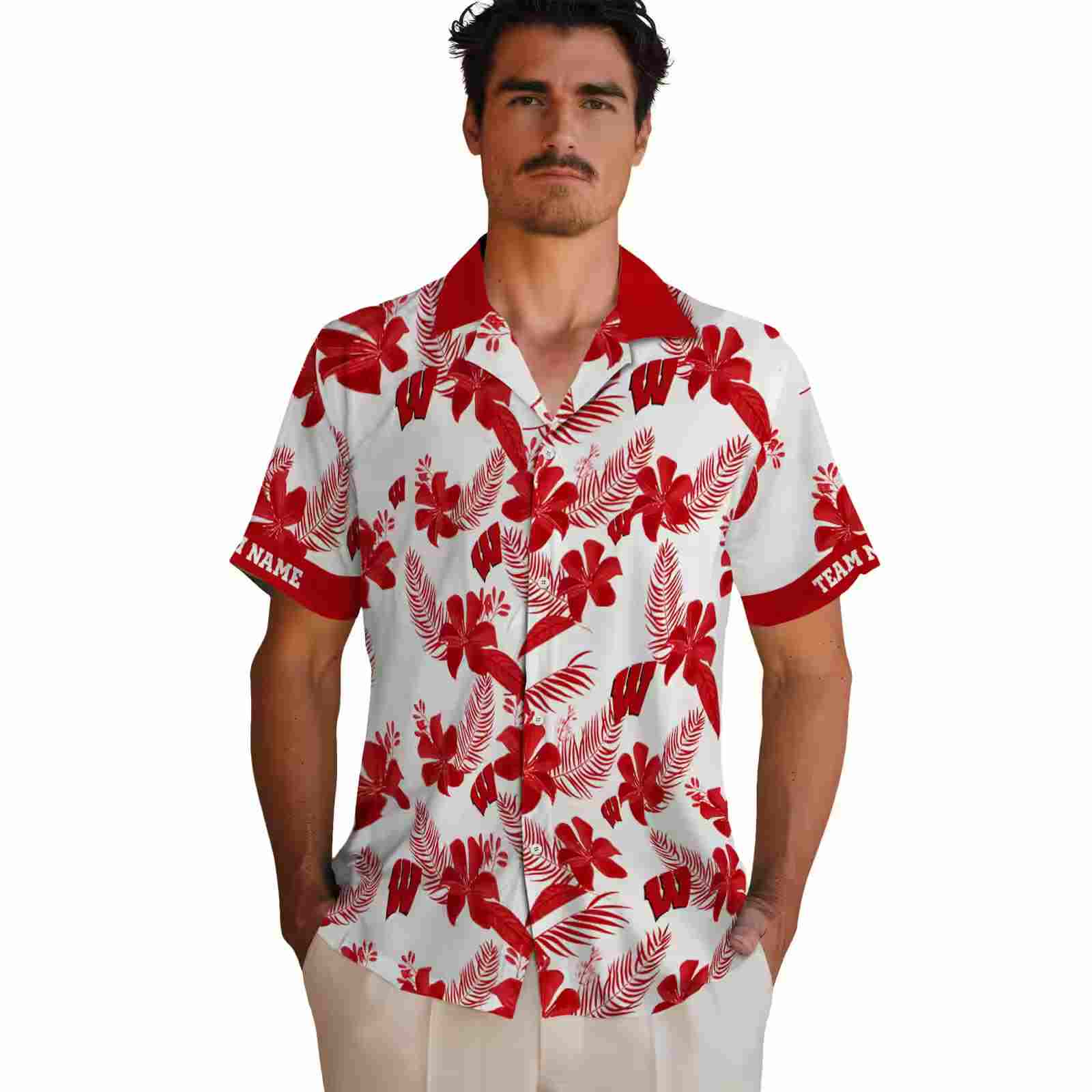 personalized wisconsin badgers botanical print white hawaiian shirt fashion forward