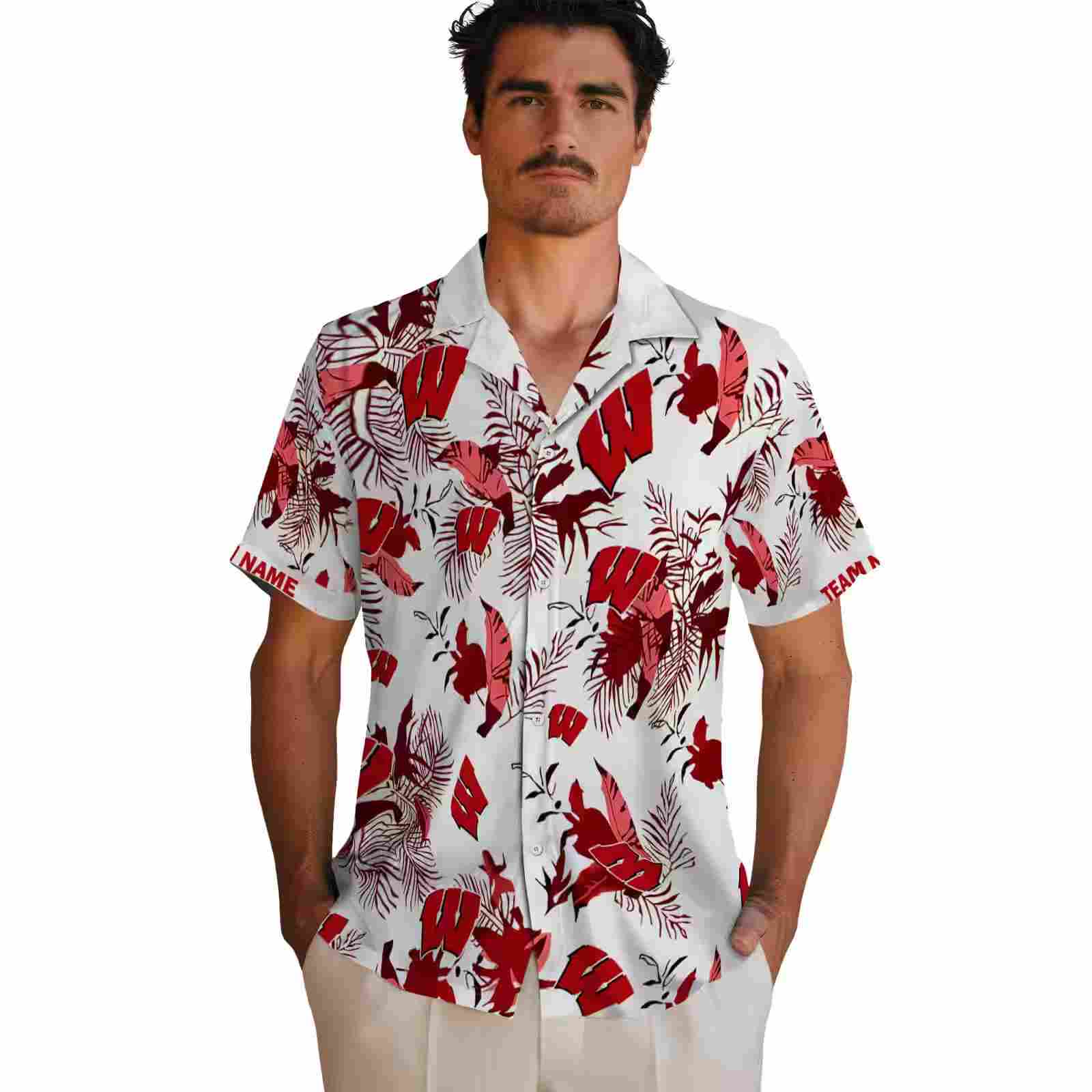 personalized wisconsin badgers botanical theme red white hawaiian shirt fashion forward