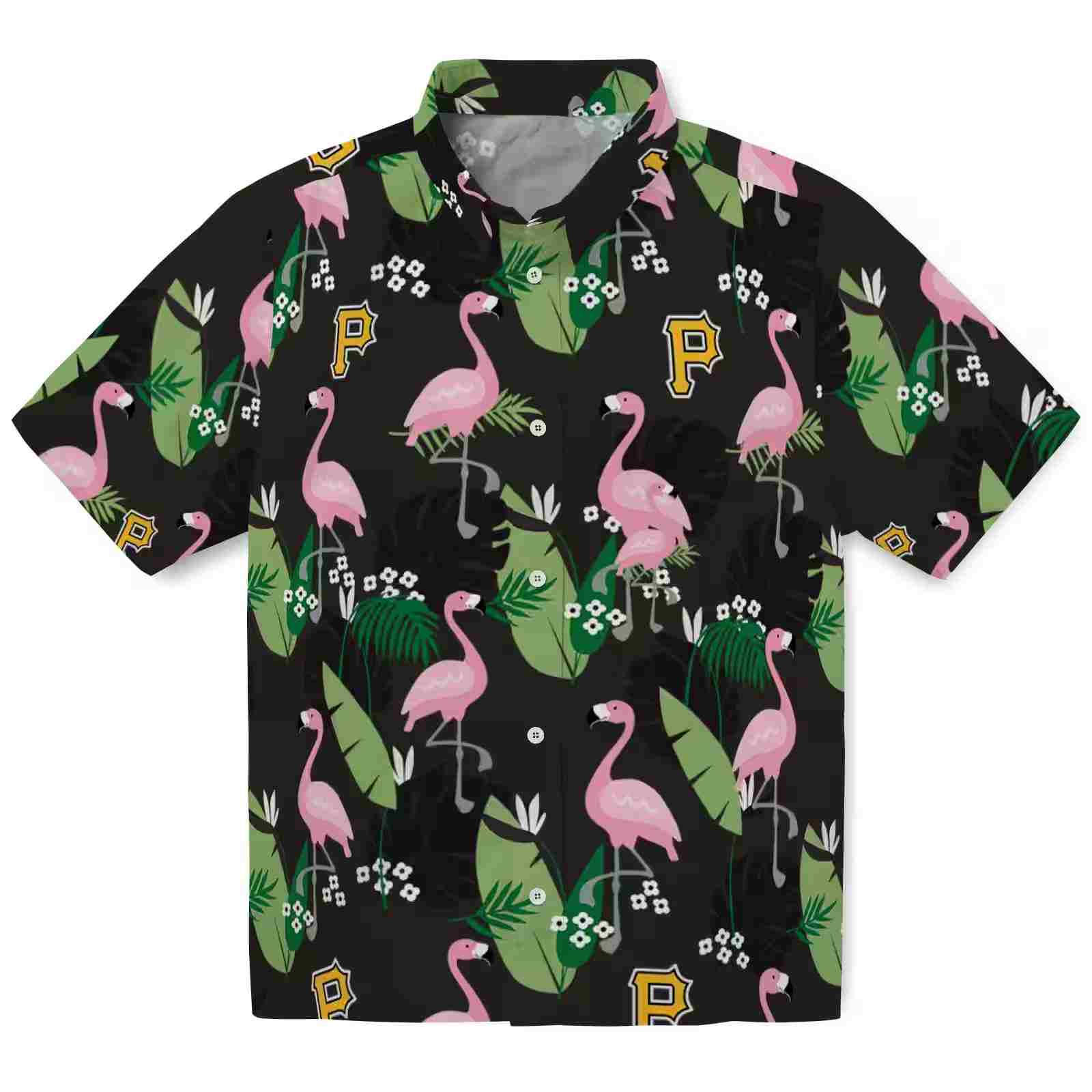 Pittsburgh Pirates Flamingo Leaf Motif Black Hawaiian Shirt