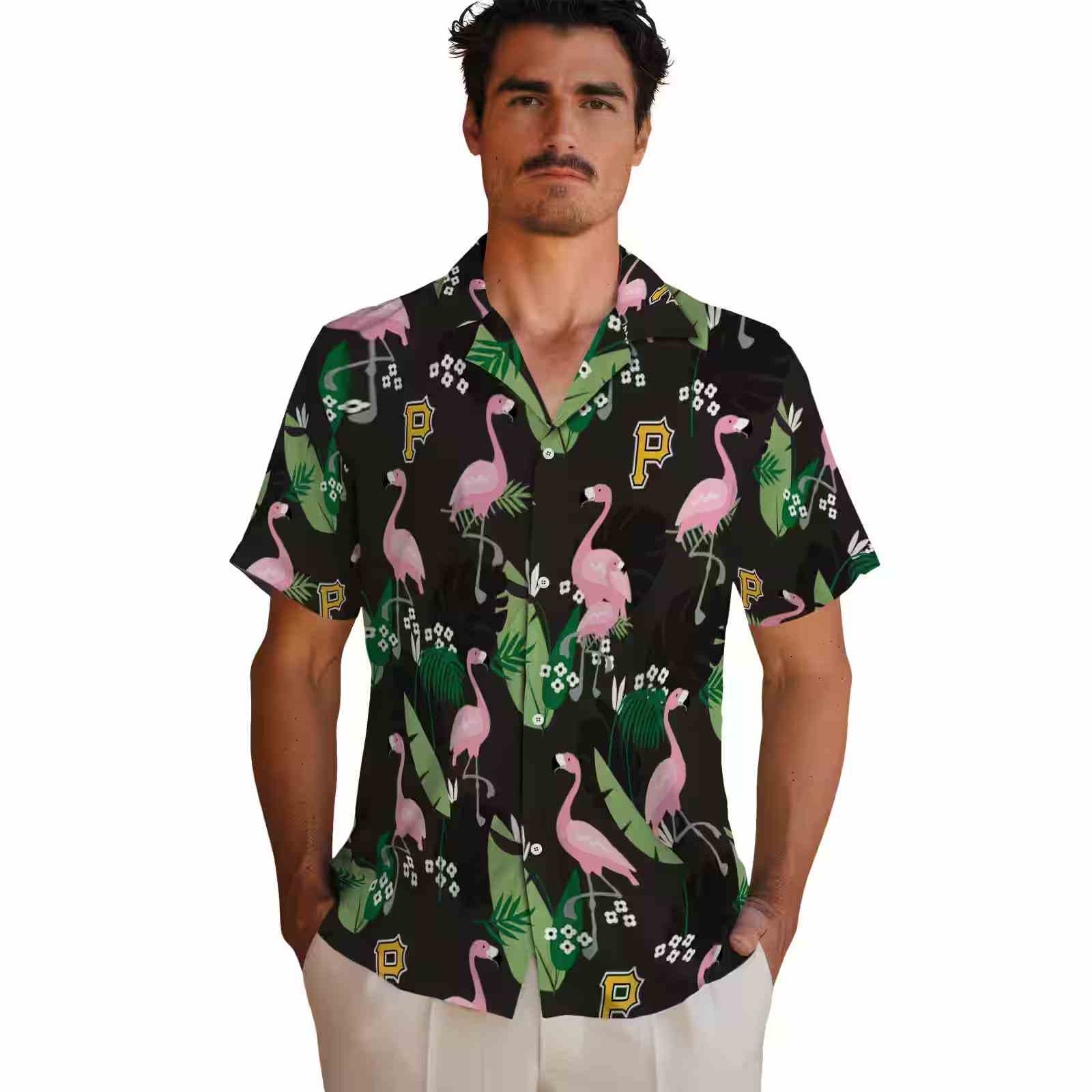 pittsburgh pirates flamingo leaf motif black hawaiian shirt fashion forward