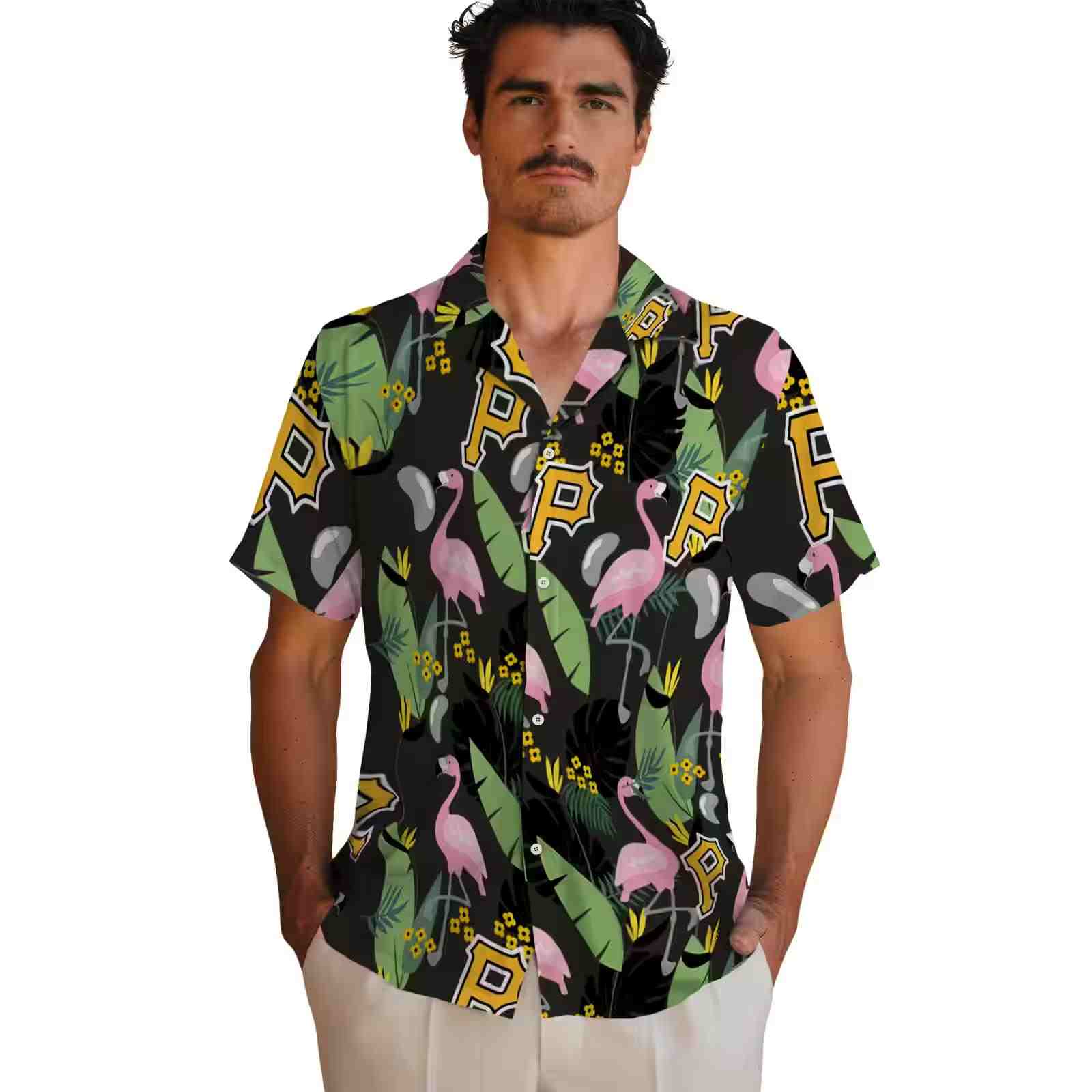 pittsburgh pirates flamingo leaves black hawaiian shirt fashion forward