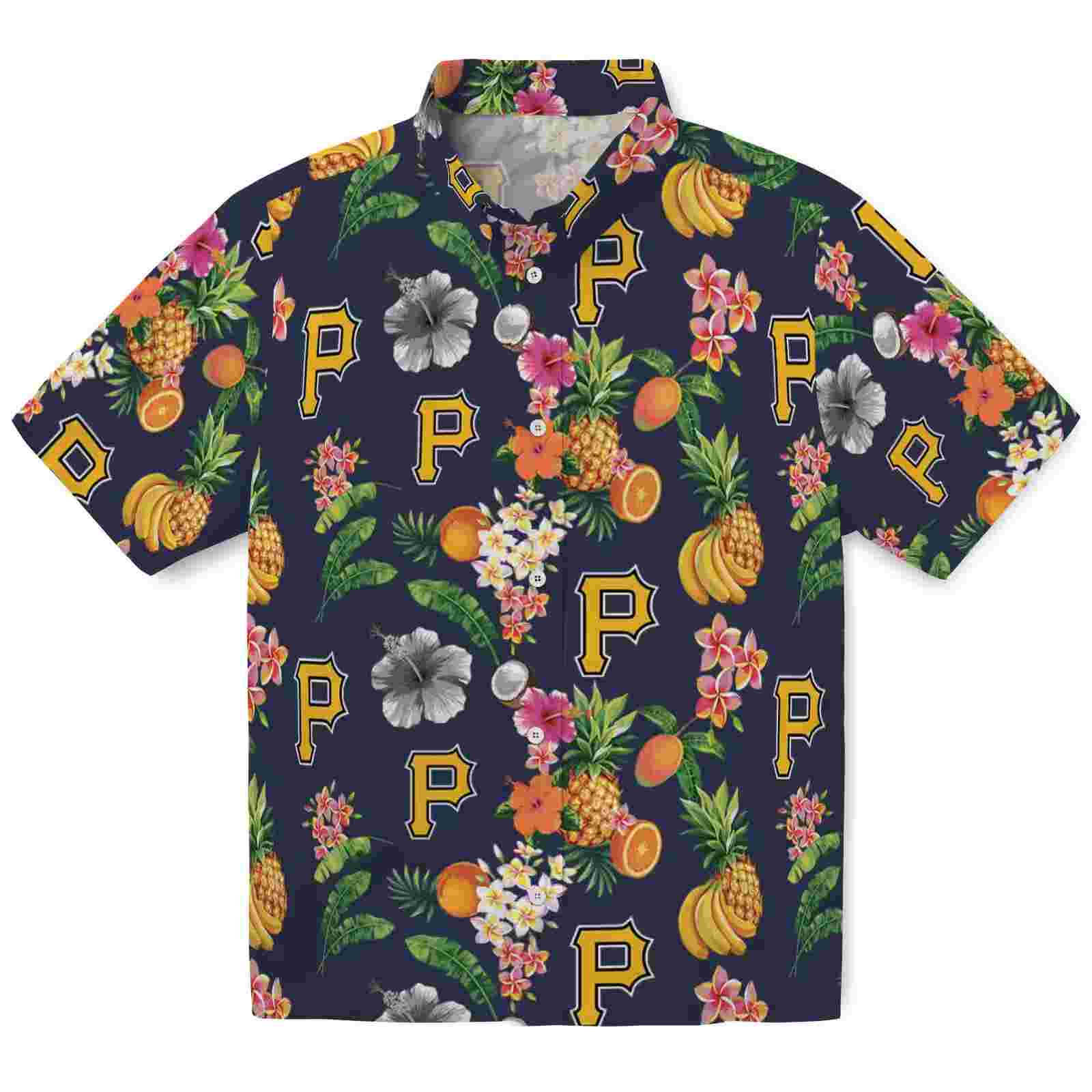 Pittsburgh Pirates Hibiscus And Fruit Navy Blue Hawaiian Shirt