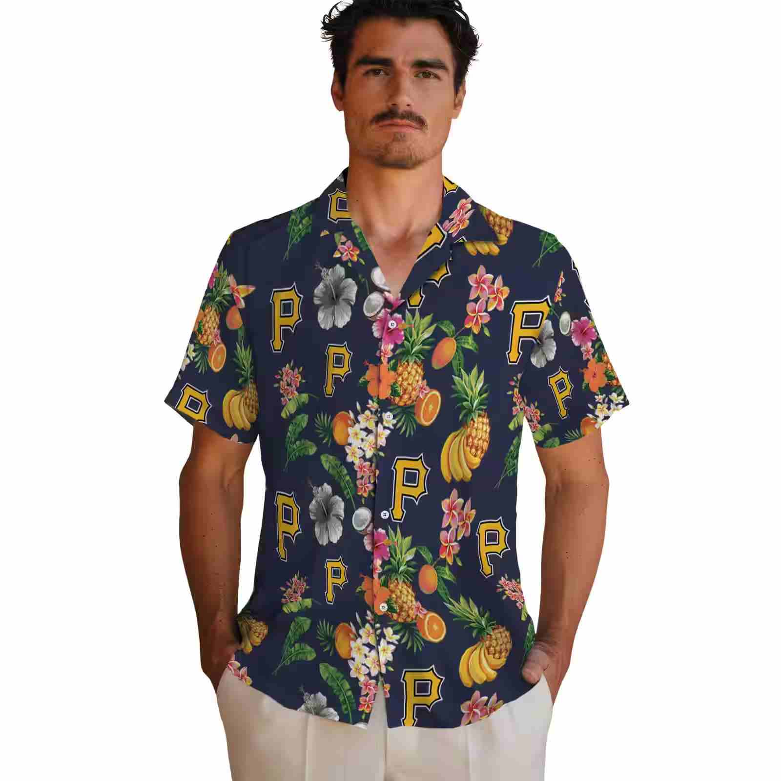 pittsburgh pirates hibiscus and fruit navy blue hawaiian shirt fashion forward