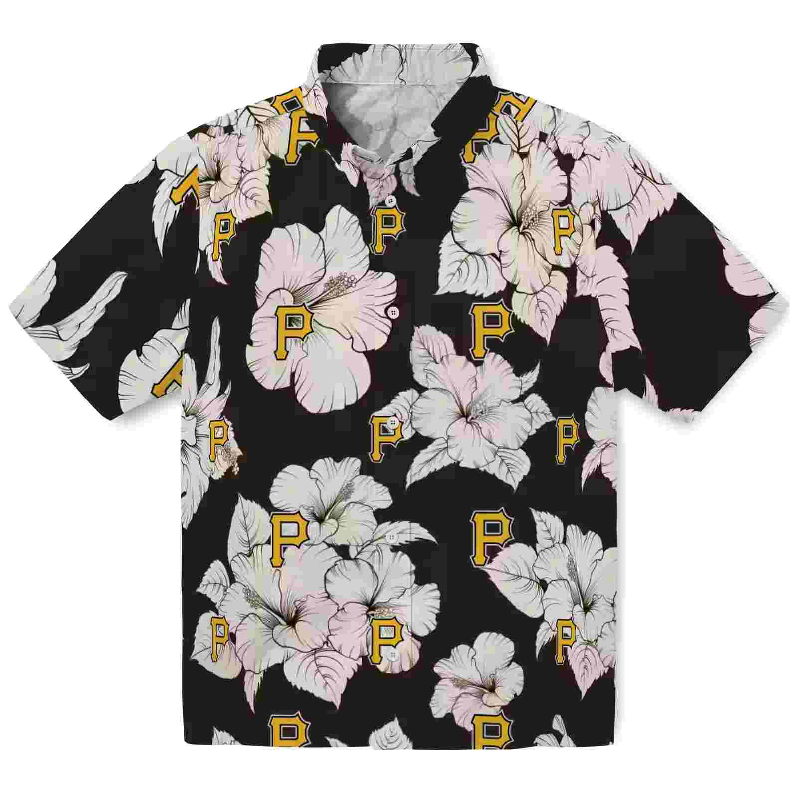 Pittsburgh Pirates Hibiscus Blooms Black White Hawaiian Shirt