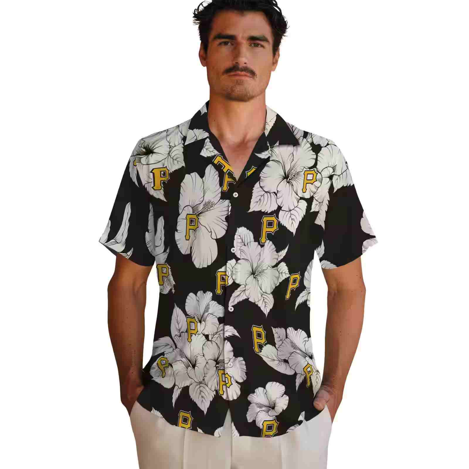 pittsburgh pirates hibiscus blooms black white hawaiian shirt fashion forward