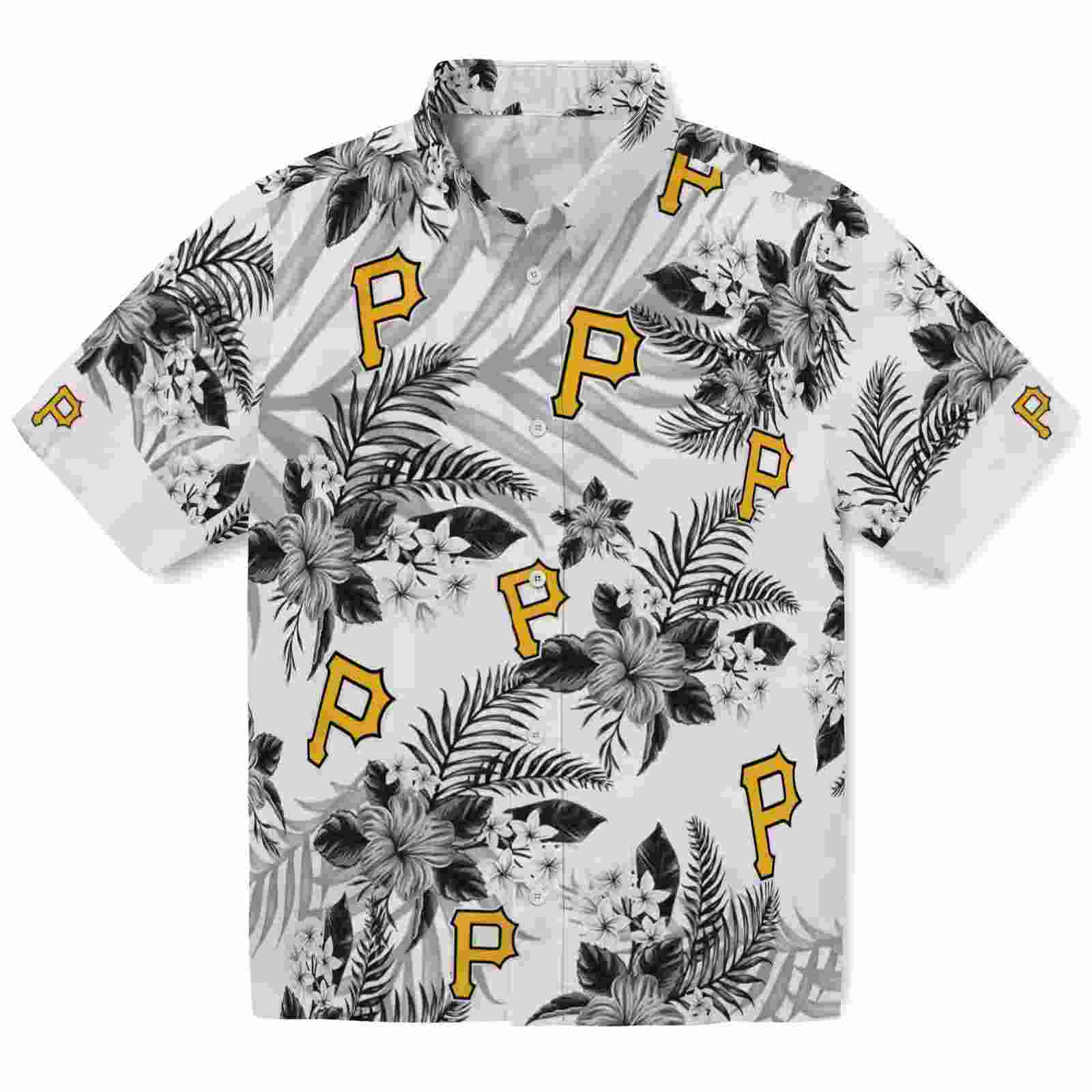 Pittsburgh Pirates Hibiscus Palm Leaves Black White Hawaiian Shirt