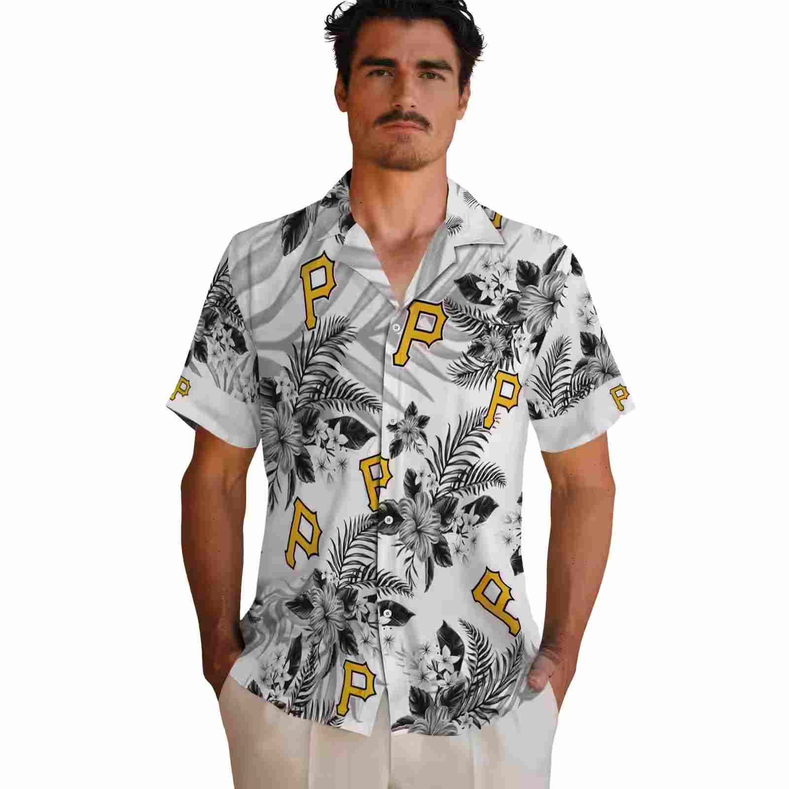 pittsburgh pirates hibiscus palm leaves black white hawaiian shirt fashion forward