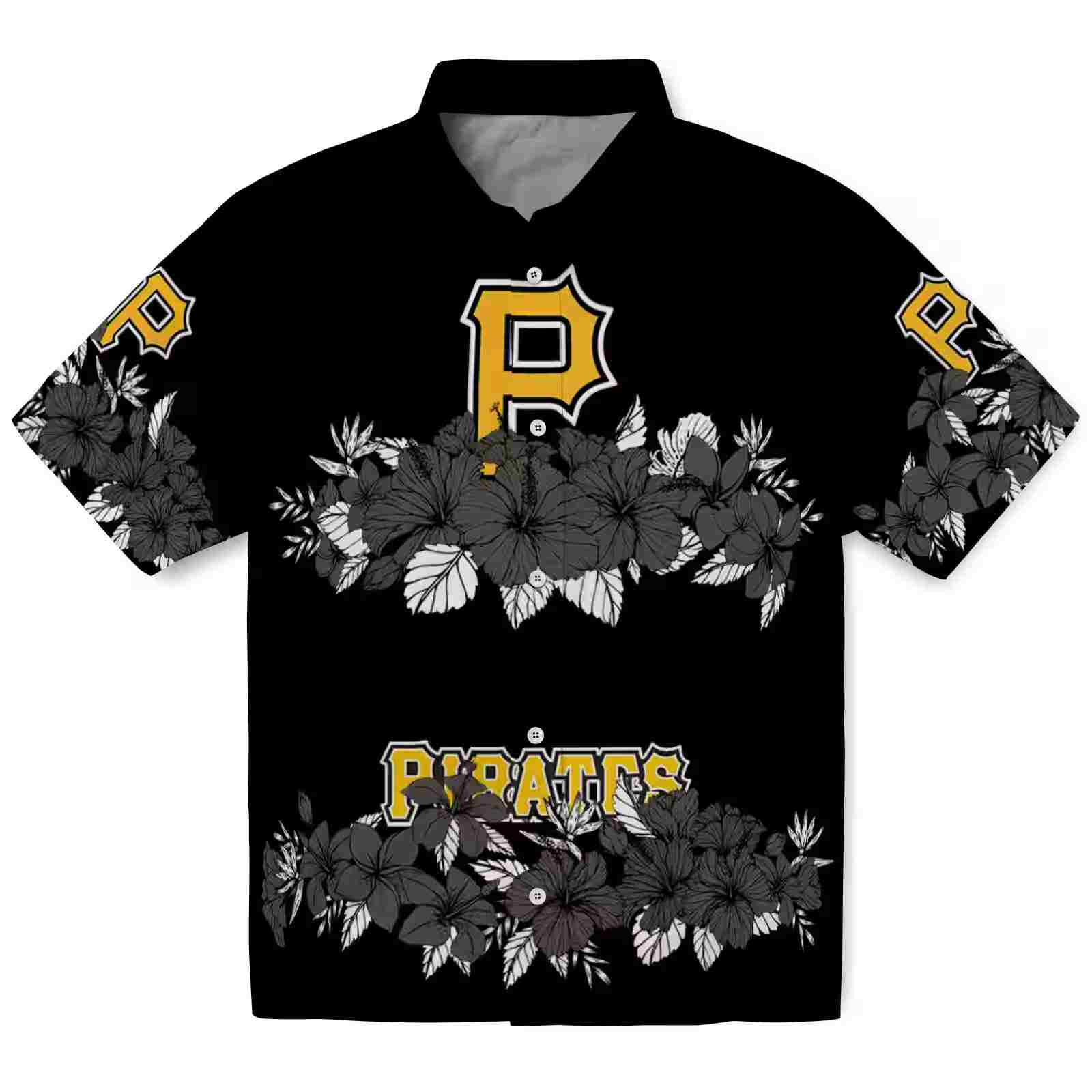 Pittsburgh Pirates Hibiscus Stripe Black Hawaiian Shirt